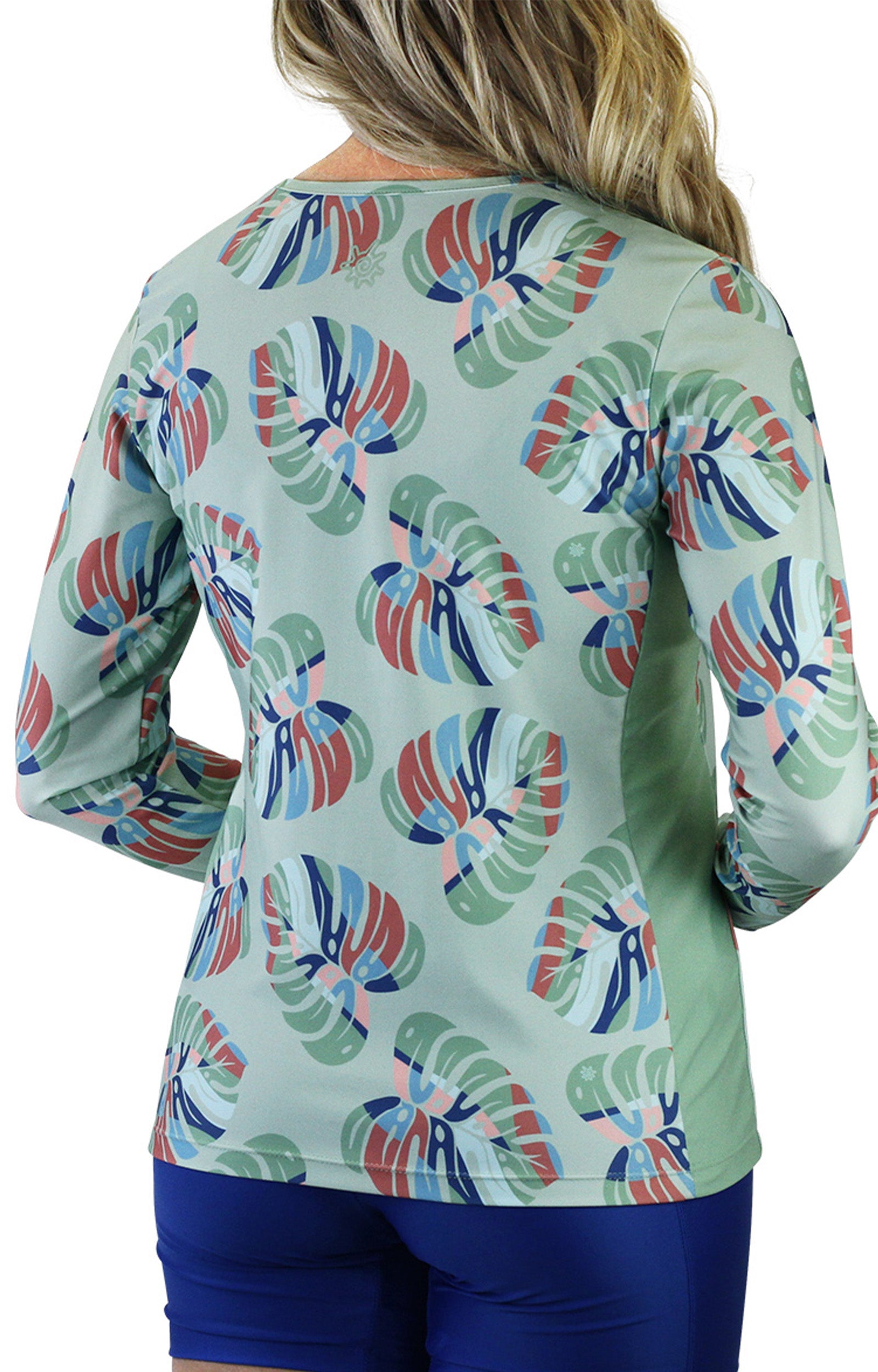 back of the women's long sleeve crew swim shirt in sage liana luck|sage-liana-luck