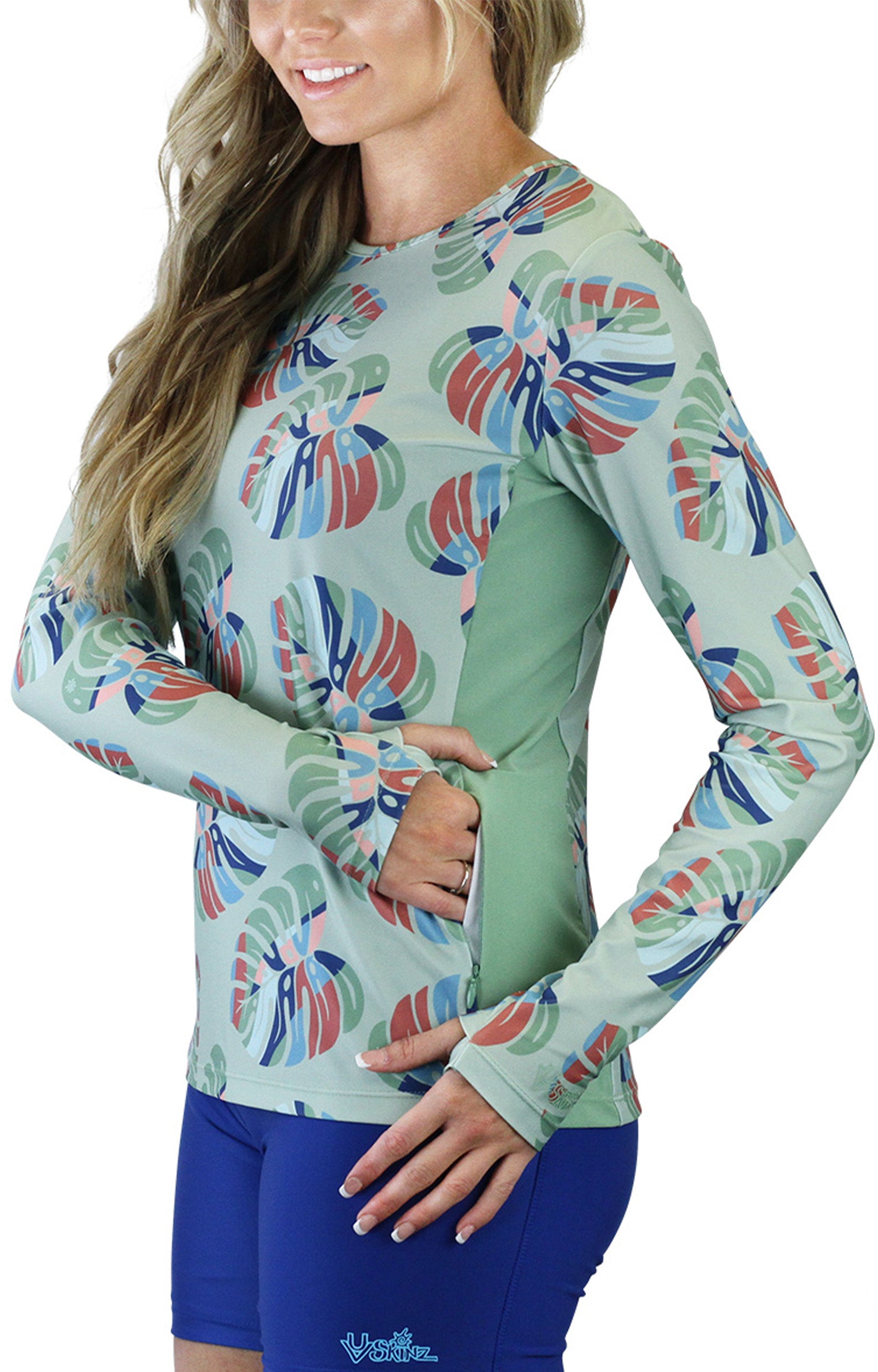 side of the women's long sleeve crew swim shirt in sage liana luck|sage-liana-luck