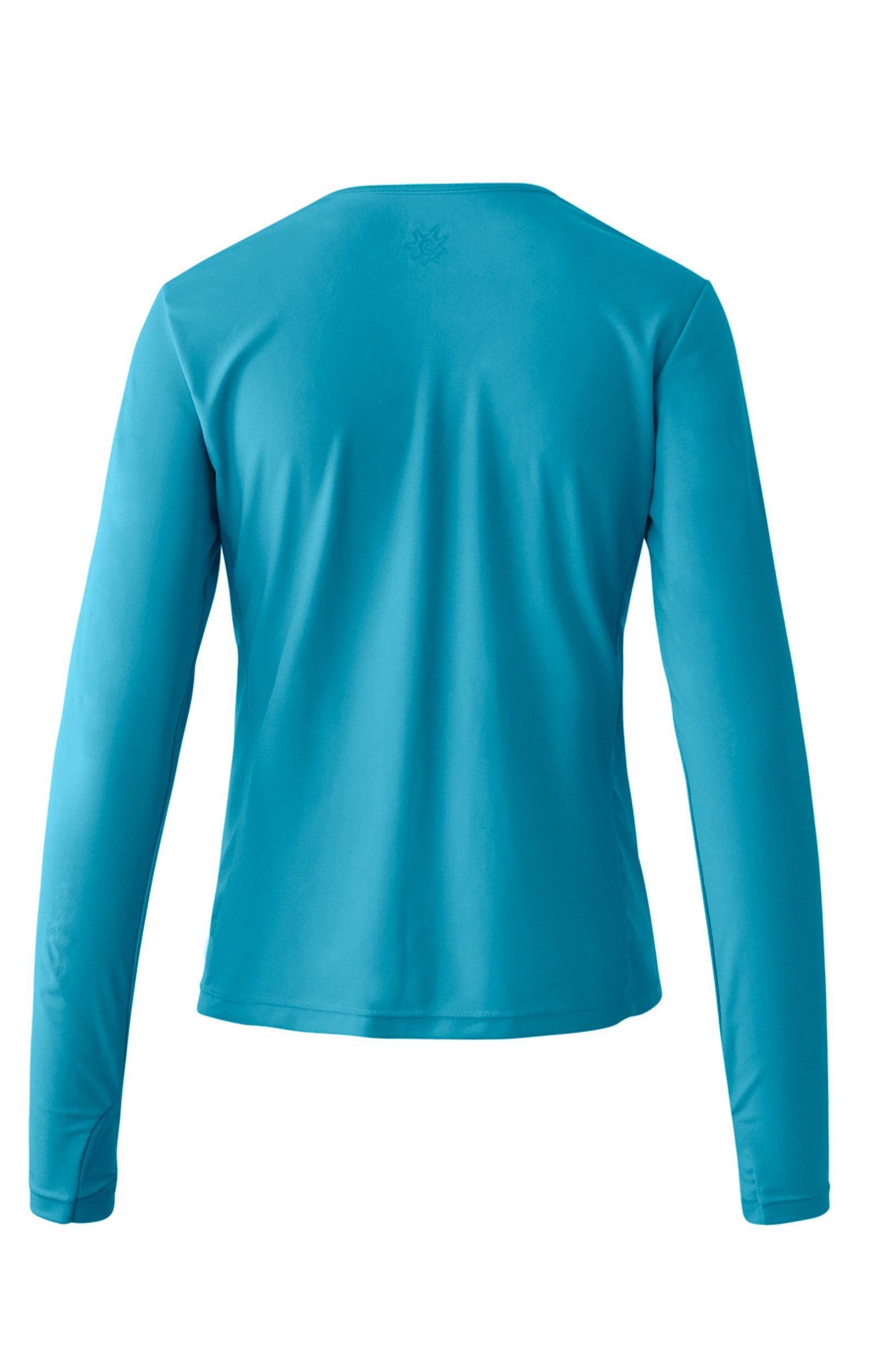 back of the women's long sleeve crew swim shirt in scuba blue|scuba-blue
