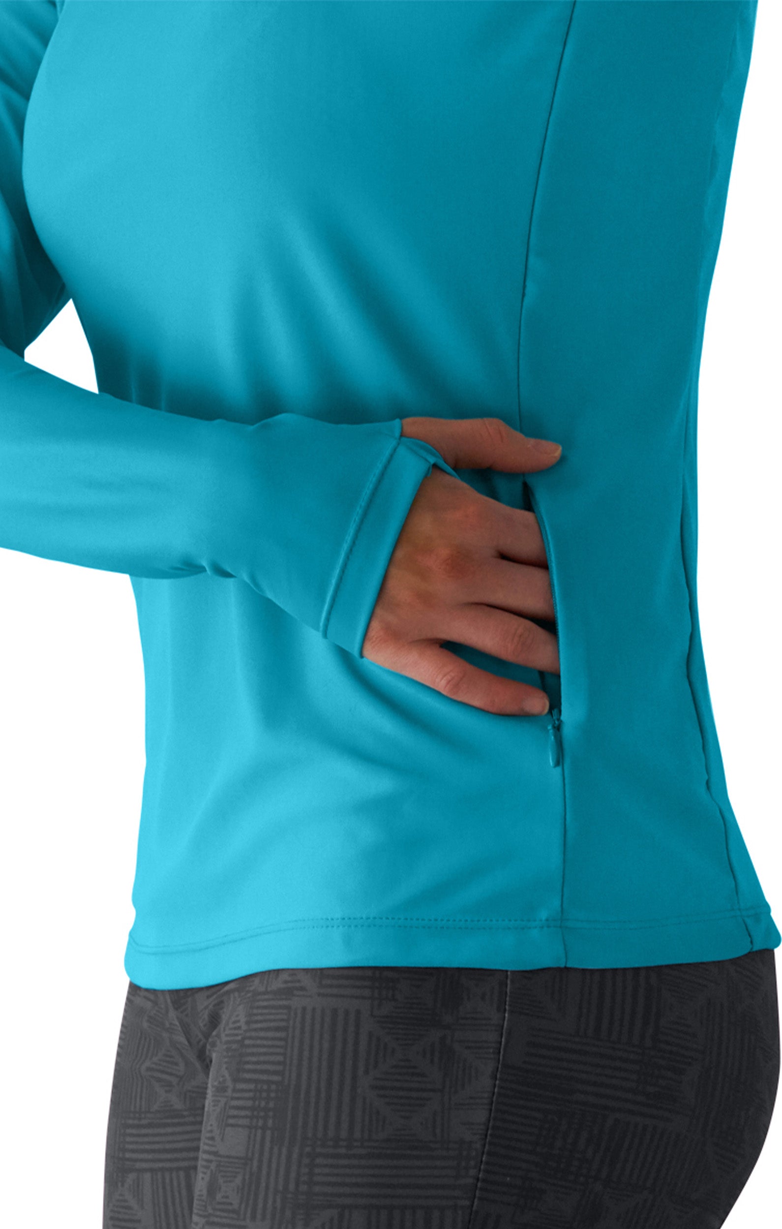 pocket view of the women's long sleeve crew swim shirt in scuba blue|scuba-blue