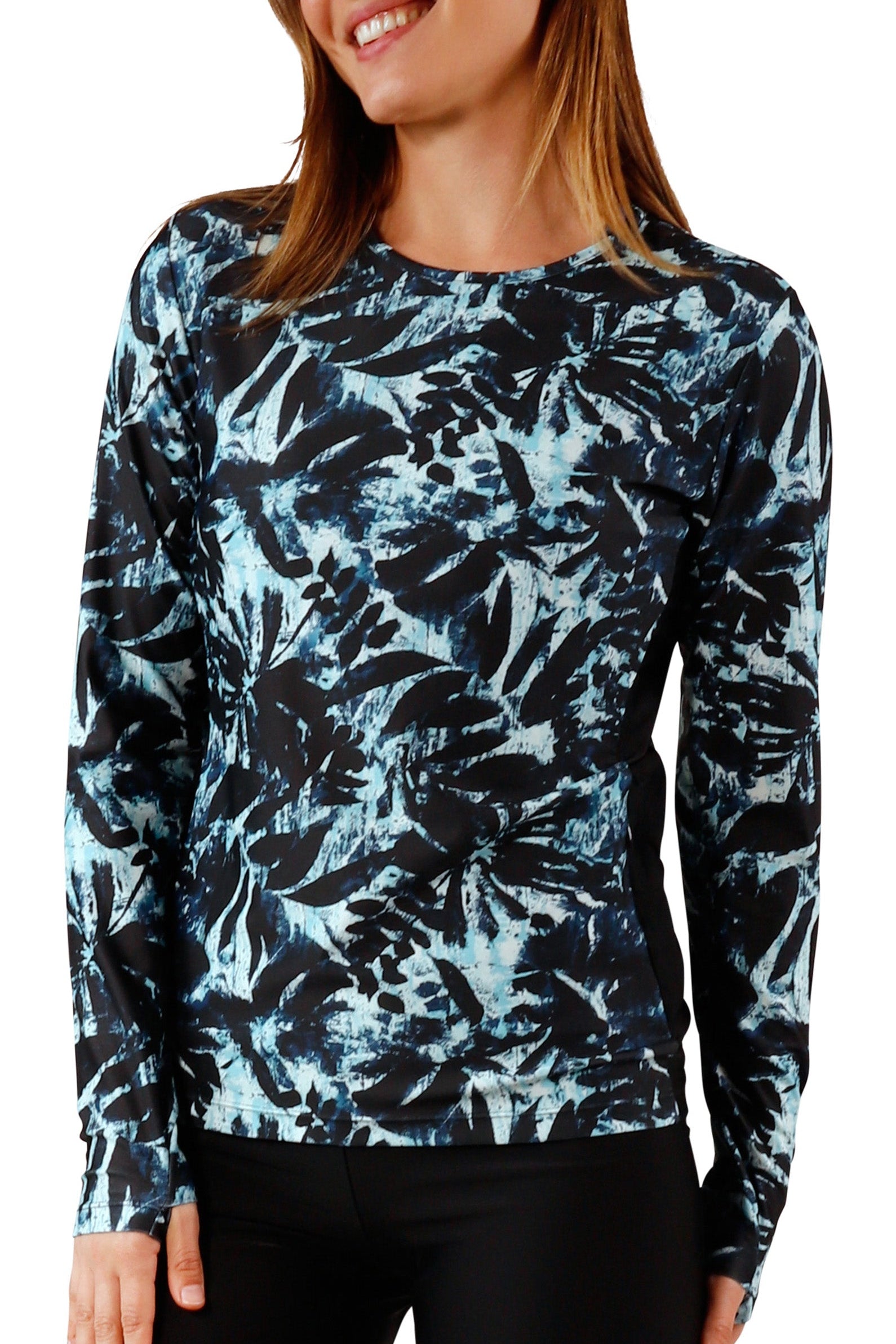 womens long sleeve crew sun and swim shirt in shadow tropics|shadow-tropics