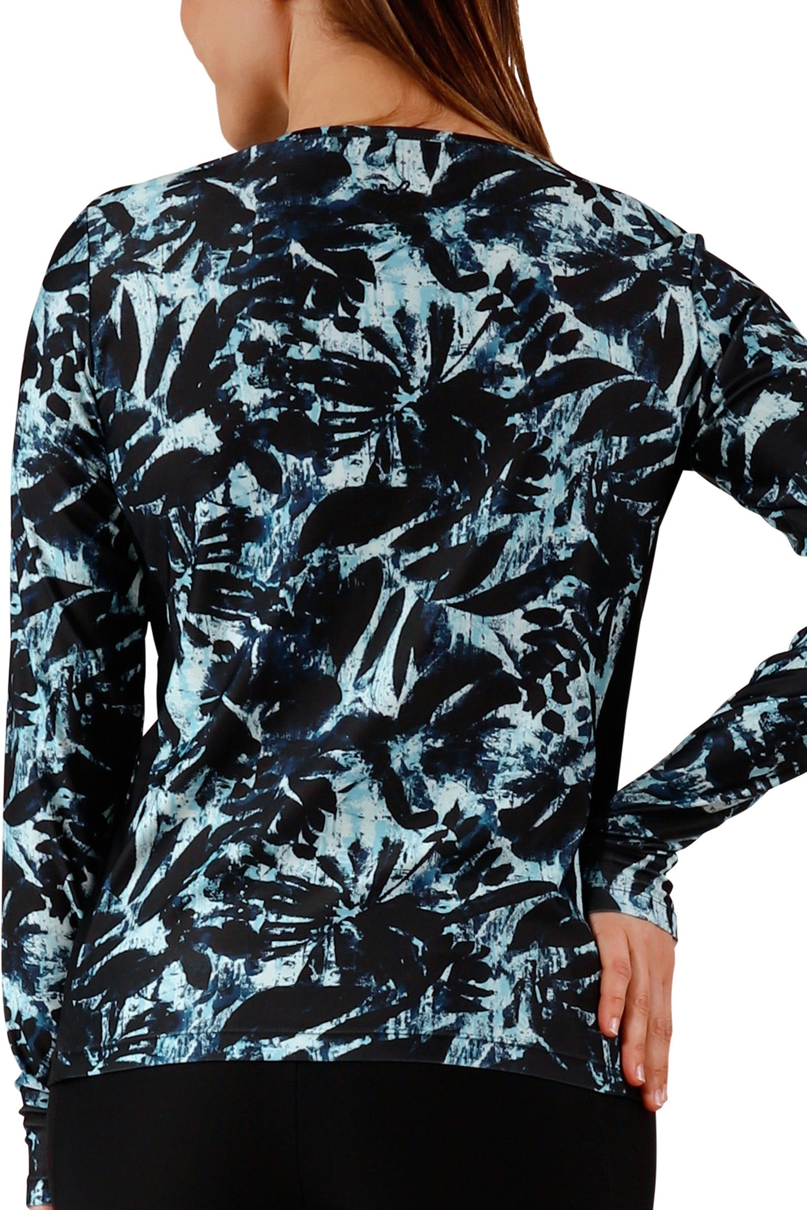back view of womens long sleeve crew sun and swim shirt in shadow tropics|shadow-tropics