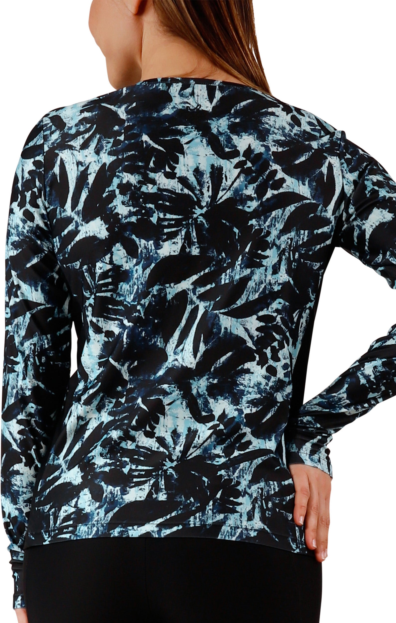 back view of womens long sleeve crew sun and swim shirt in shadow tropics|shadow-tropics