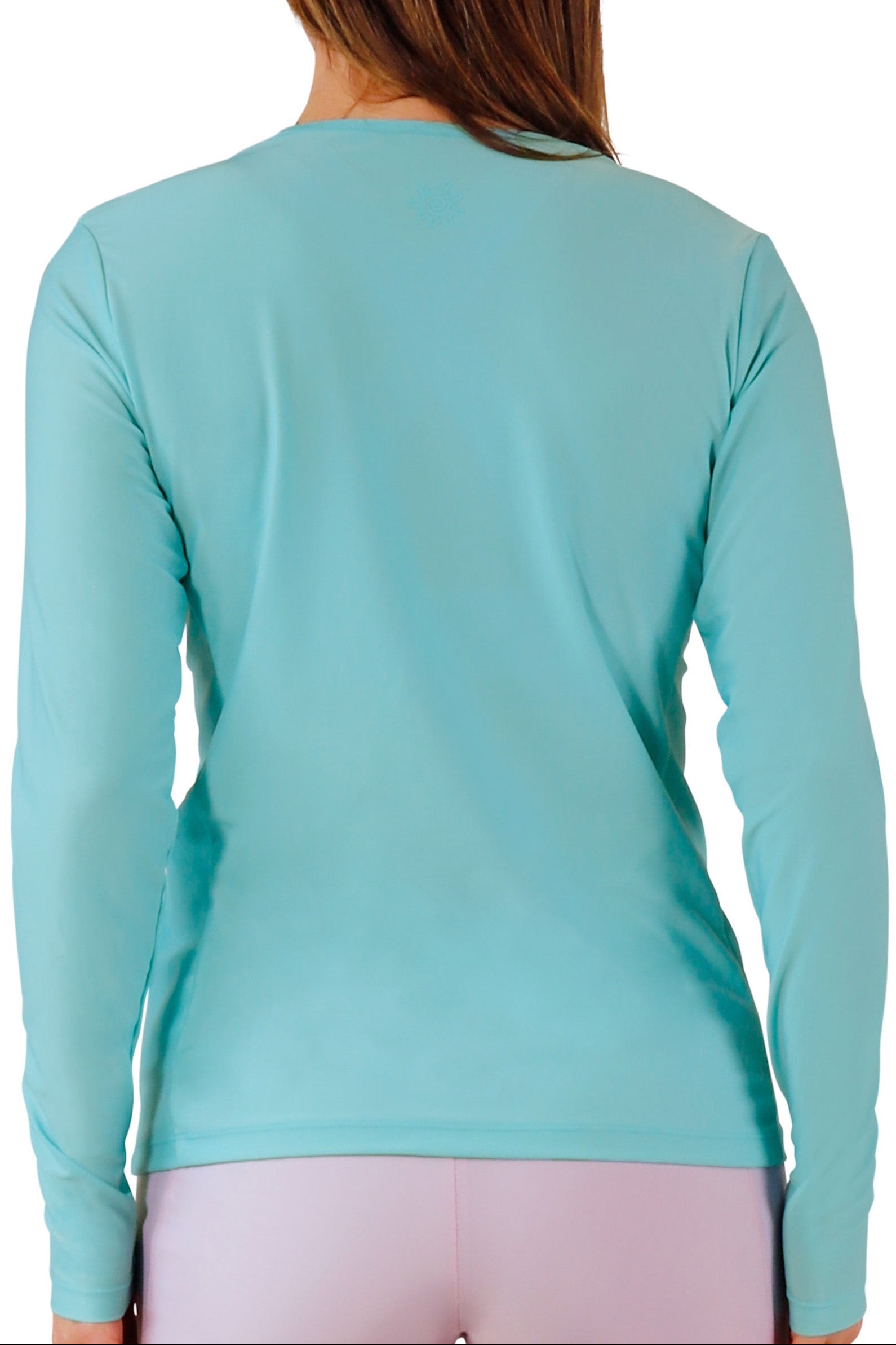 back view of womens long sleeve crew sun and swim shirt in skyline|skyline
