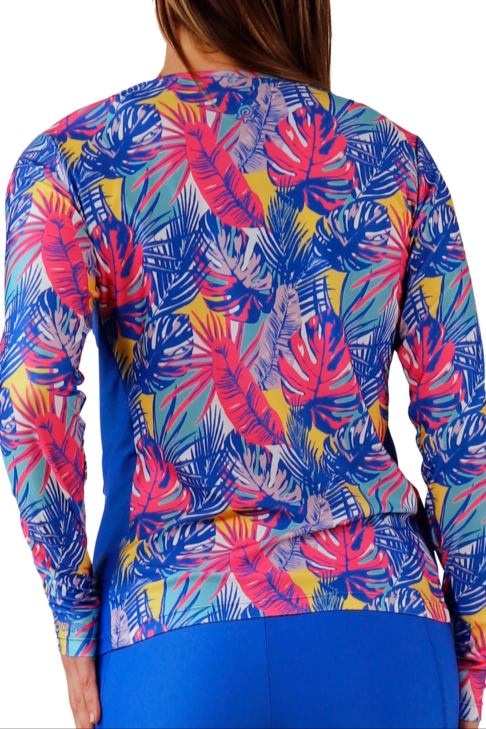 back view of womens long sleeve crew sun and swim shirt in vibrant palmetto|vibrant-palmetto