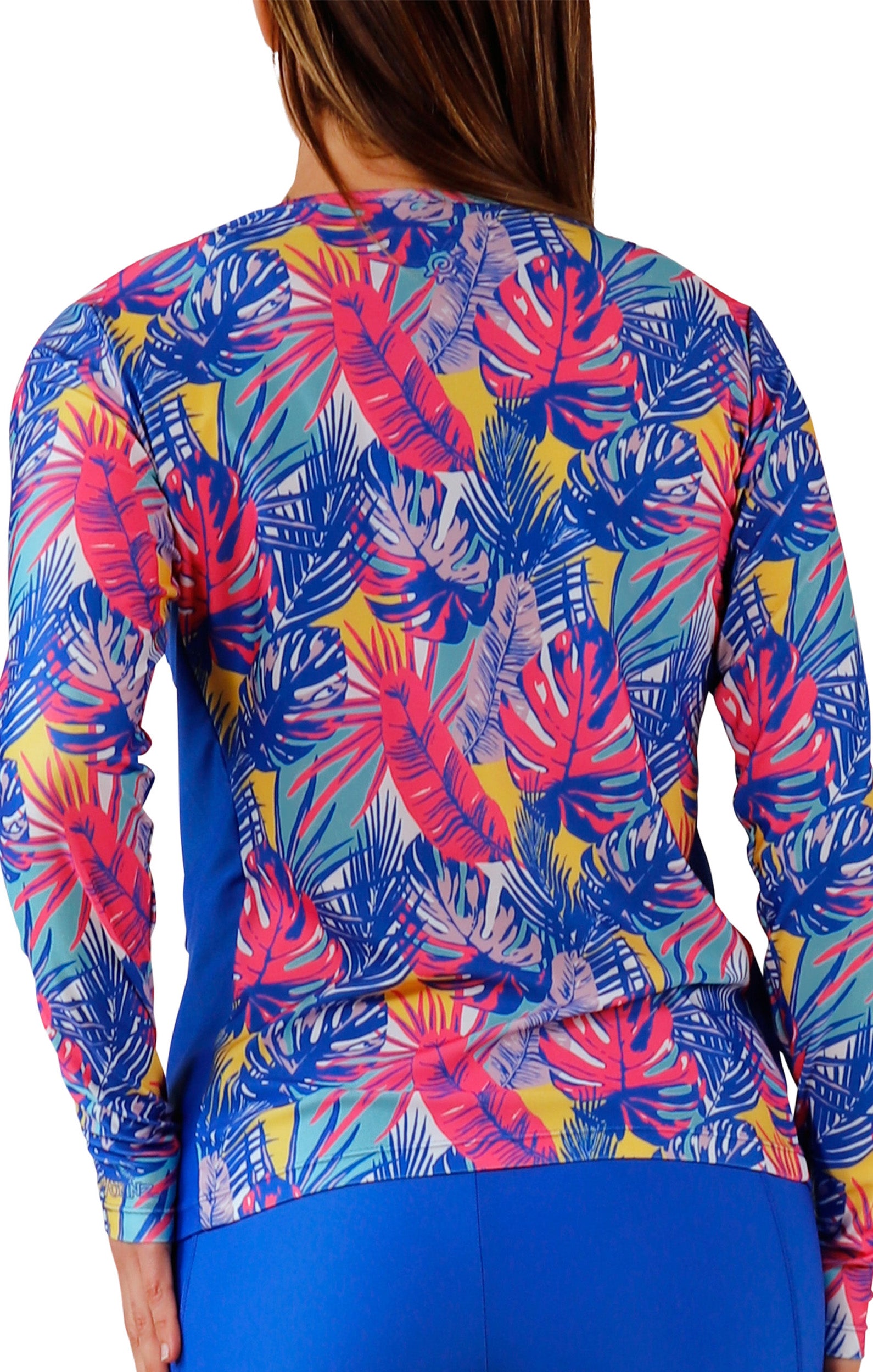 back view of womens long sleeve crew sun and swim shirt in vibrant palmetto|vibrant-palmetto
