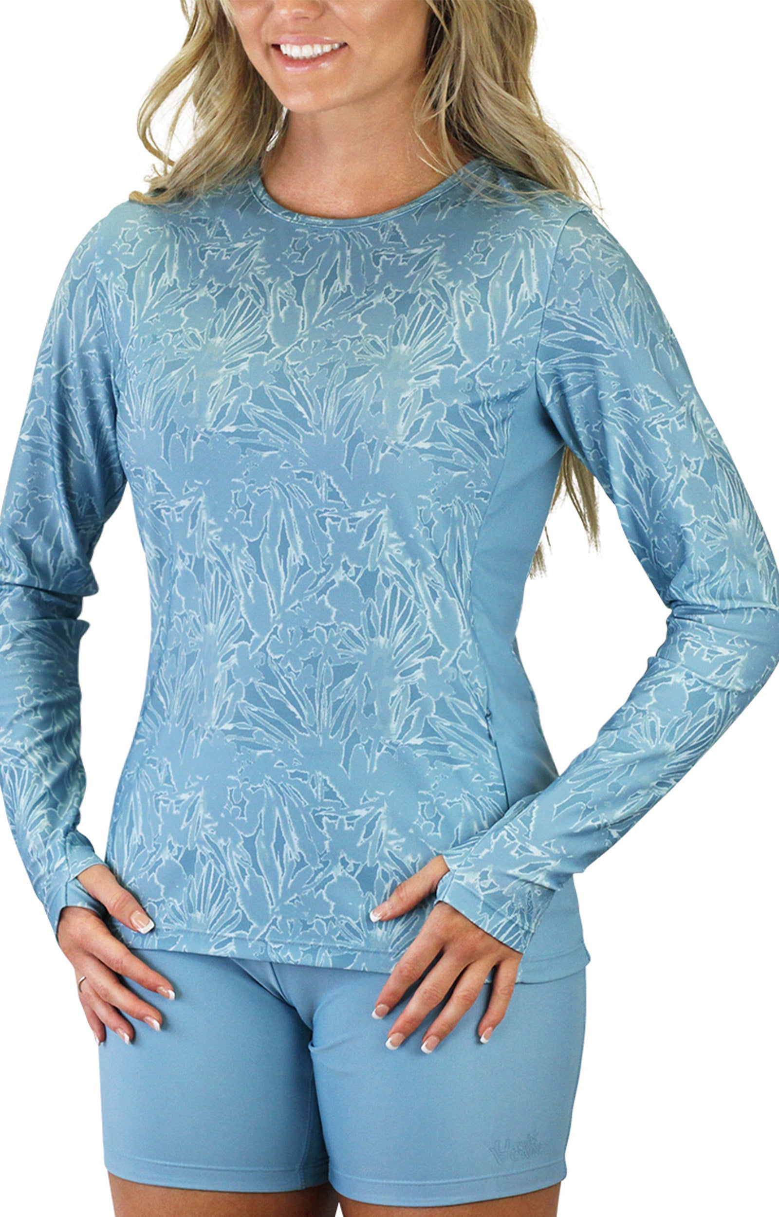 women's long sleeve crew swim shirt in waterfall splash|waterfall-splash