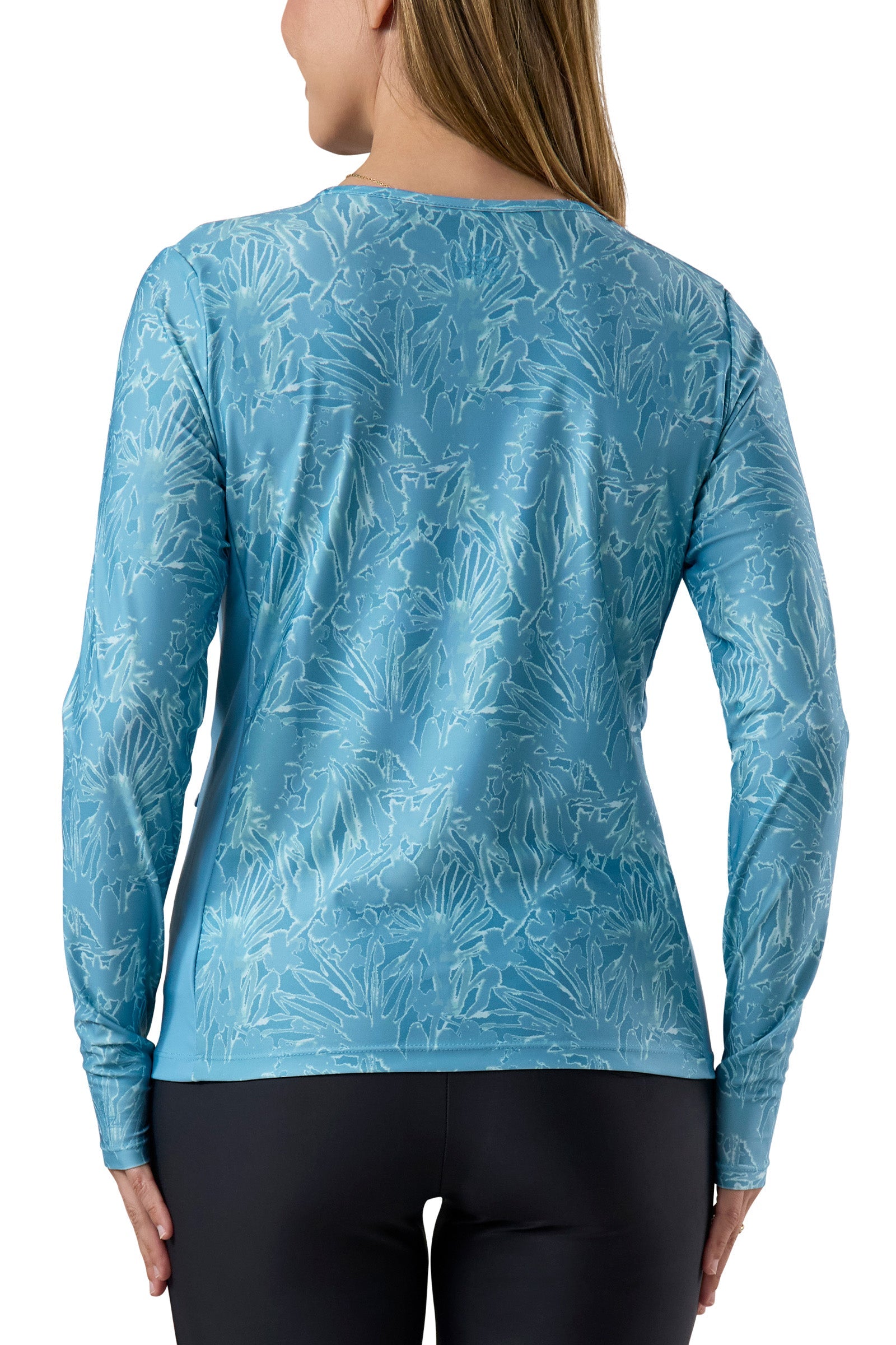 back view of the women's long sleeve crew swim shirt in waterfall splash|waterfall-splash