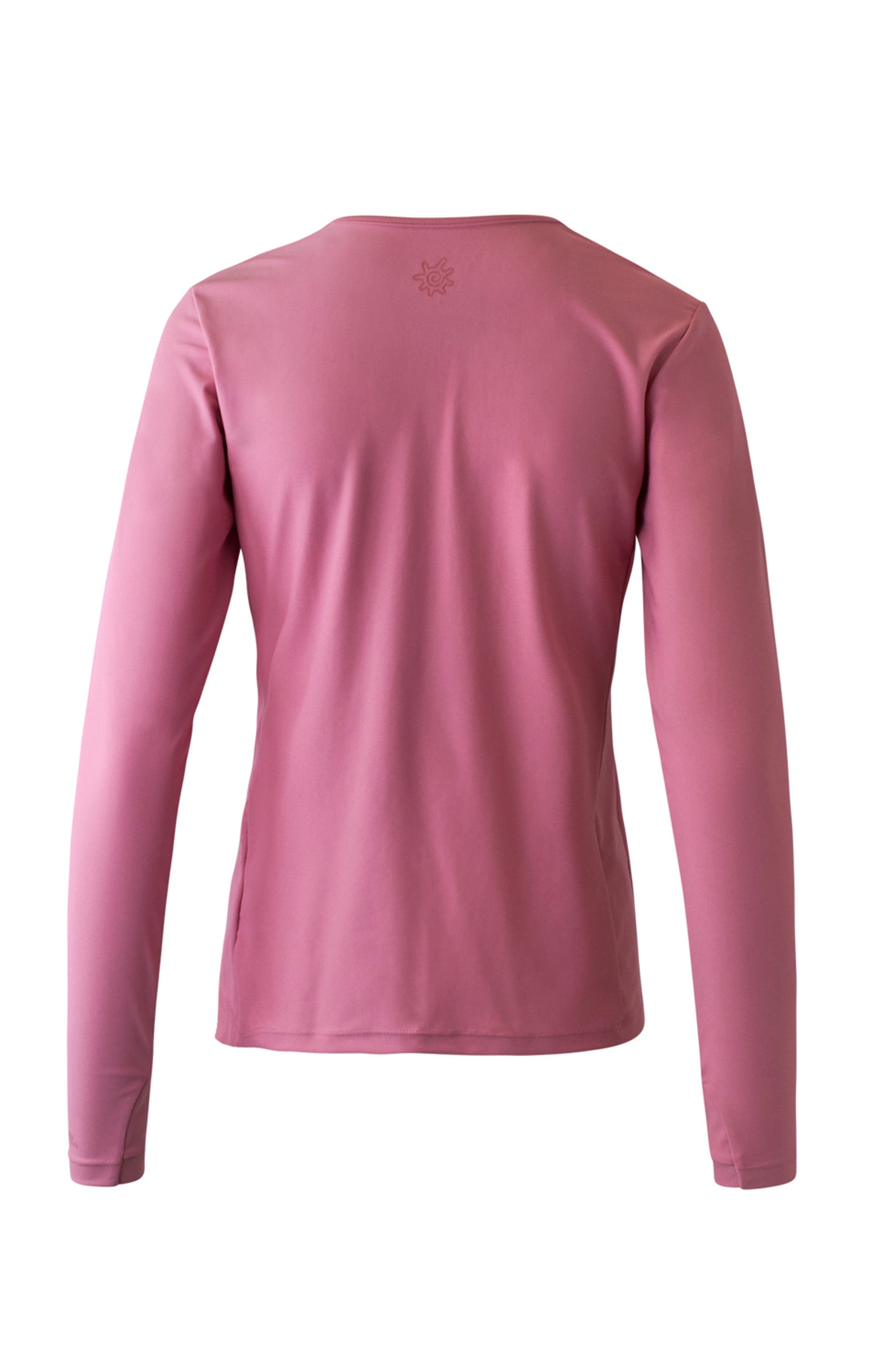 back view of the women's long sleeve crew swim shirt in wild rose|wild-rose