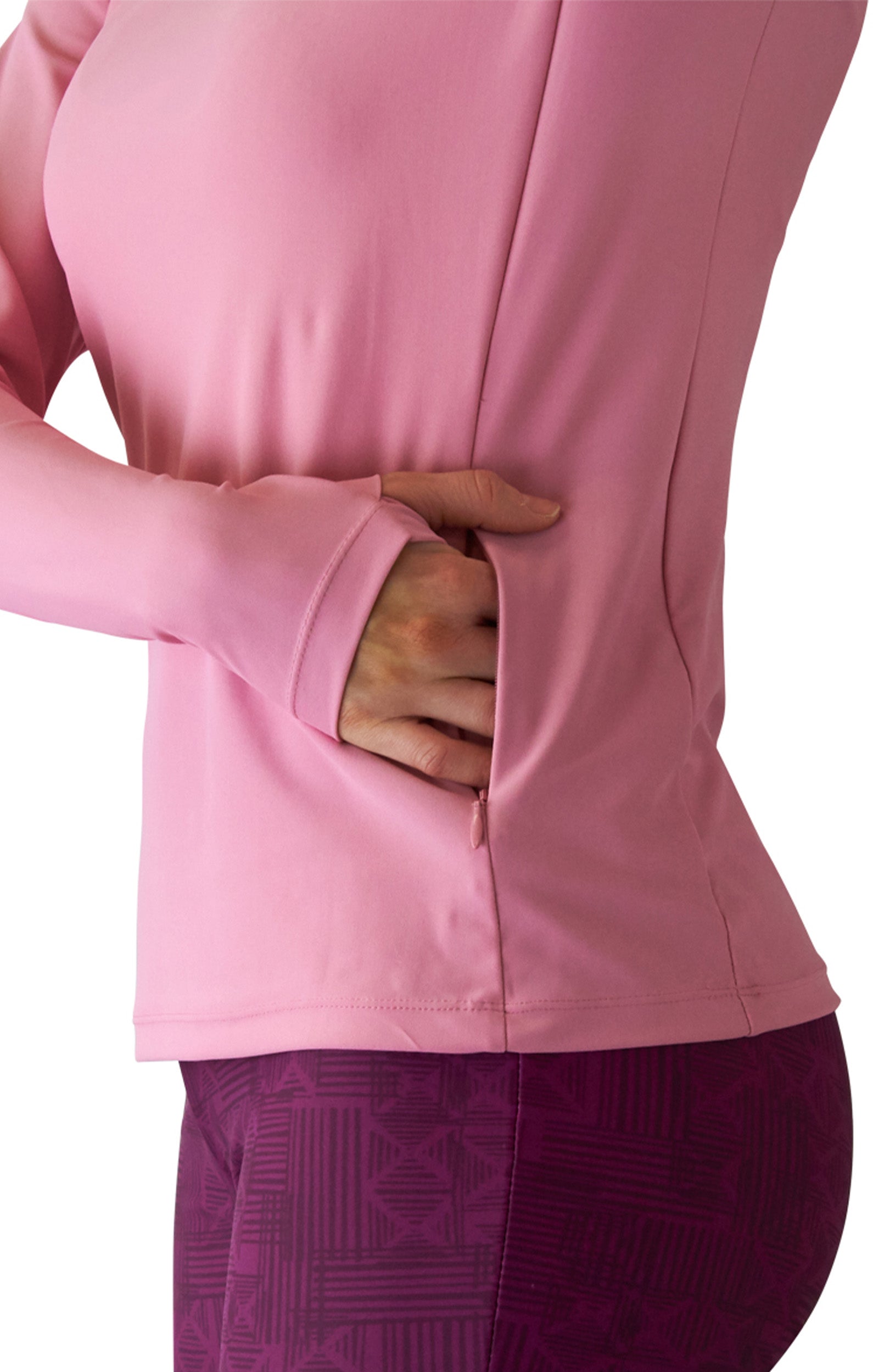 pocket view of the women's long sleeve crew swim shirt in wild rose|wild-rose