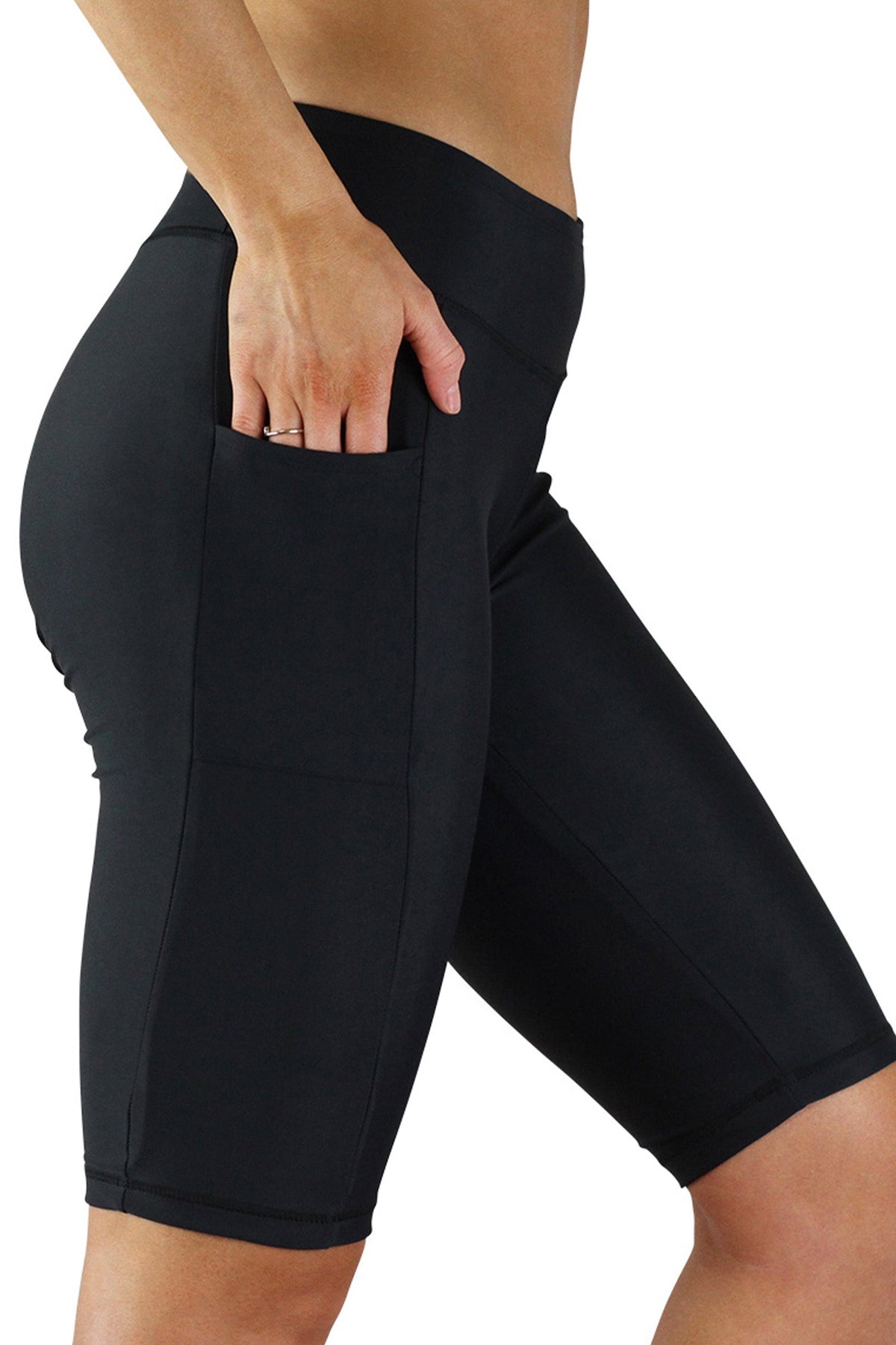side pocket view of the women's active swim jammerz in black|black