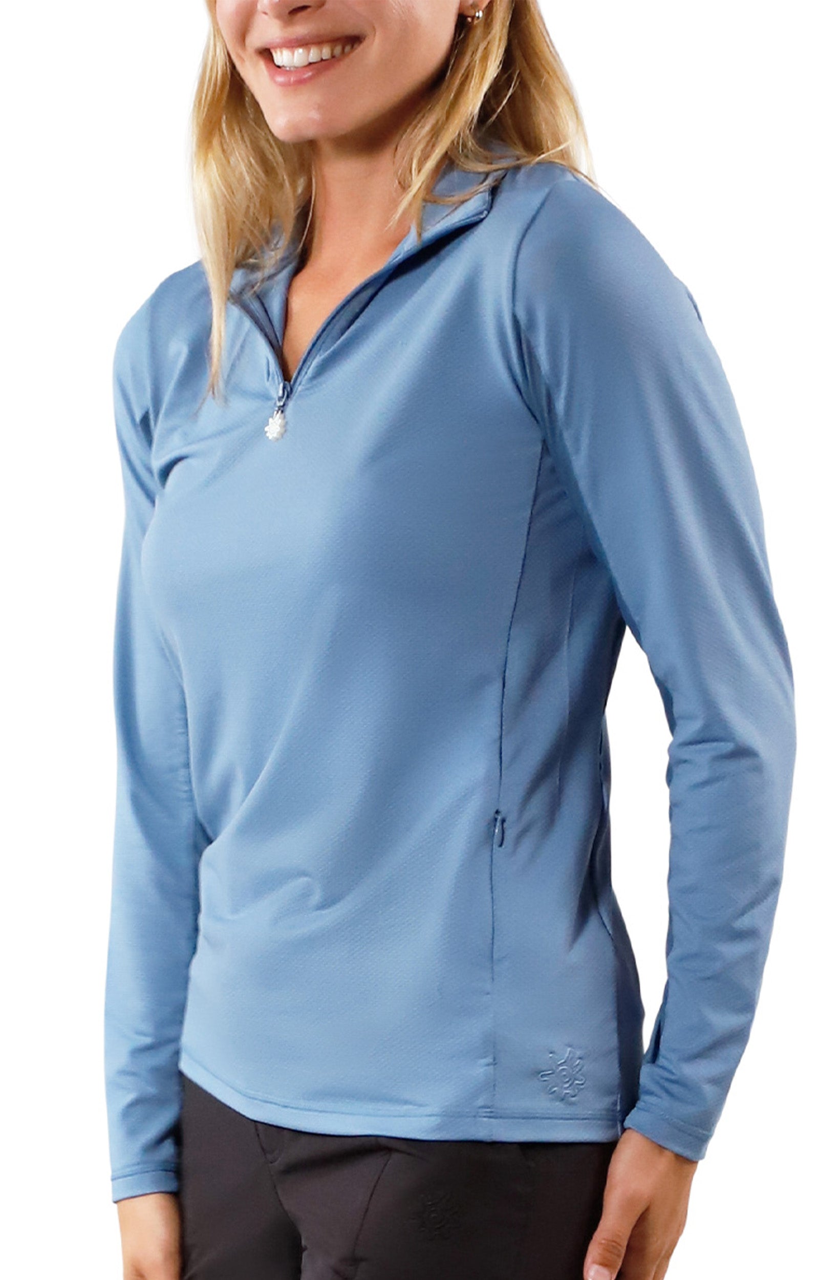 side view of womens long sleeve quarter zip vented sun shirt in baltic|baltic