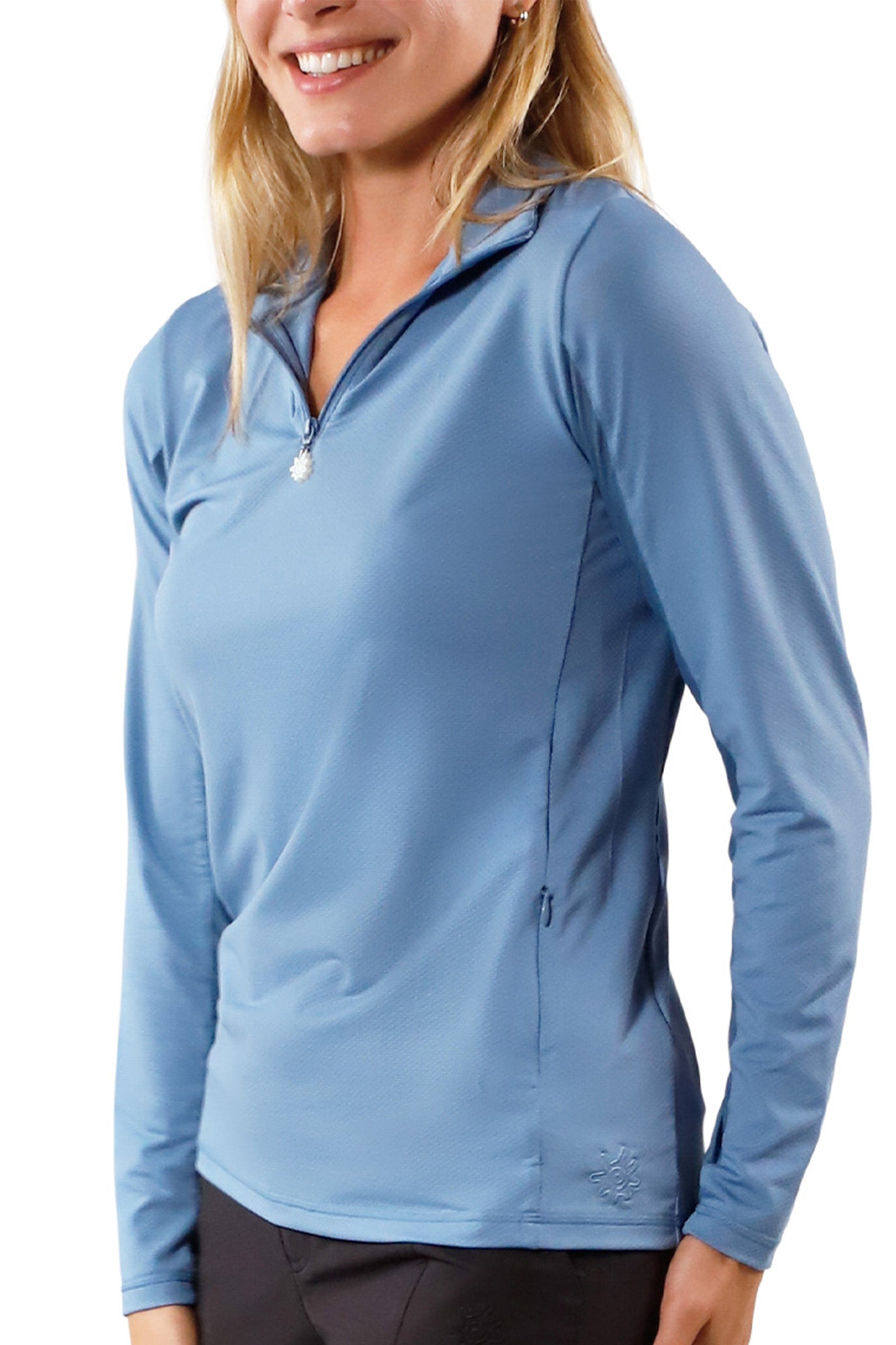 side view of womens long sleeve quarter zip vented sun shirt in baltic|baltic