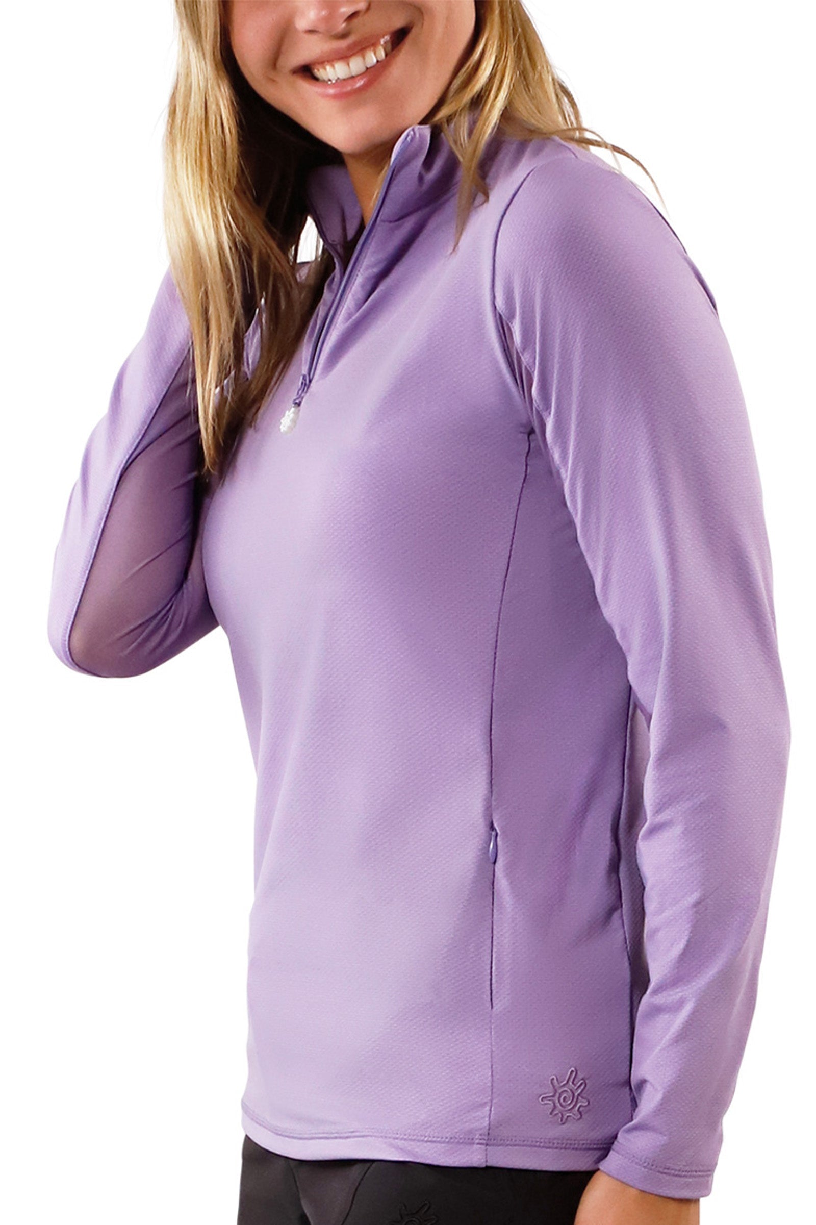 side view of womens long sleeve quarter zip vented sun shirt in daybreak|daybreak