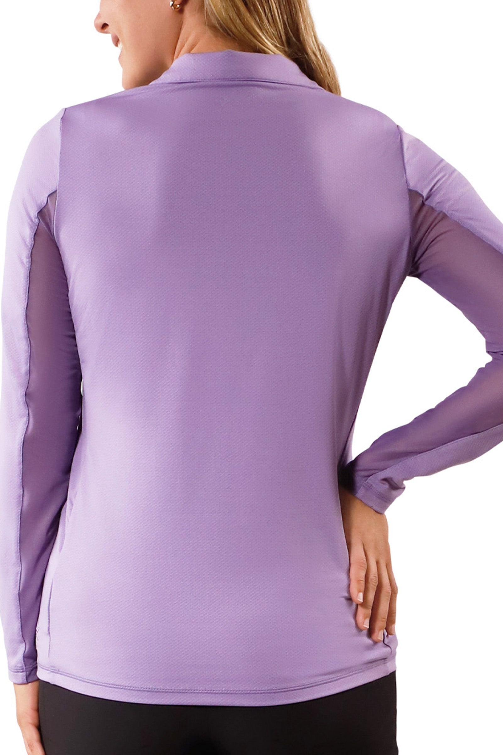 back view of womens long sleeve quarter zip vented sun shirt in daybreak|daybreak