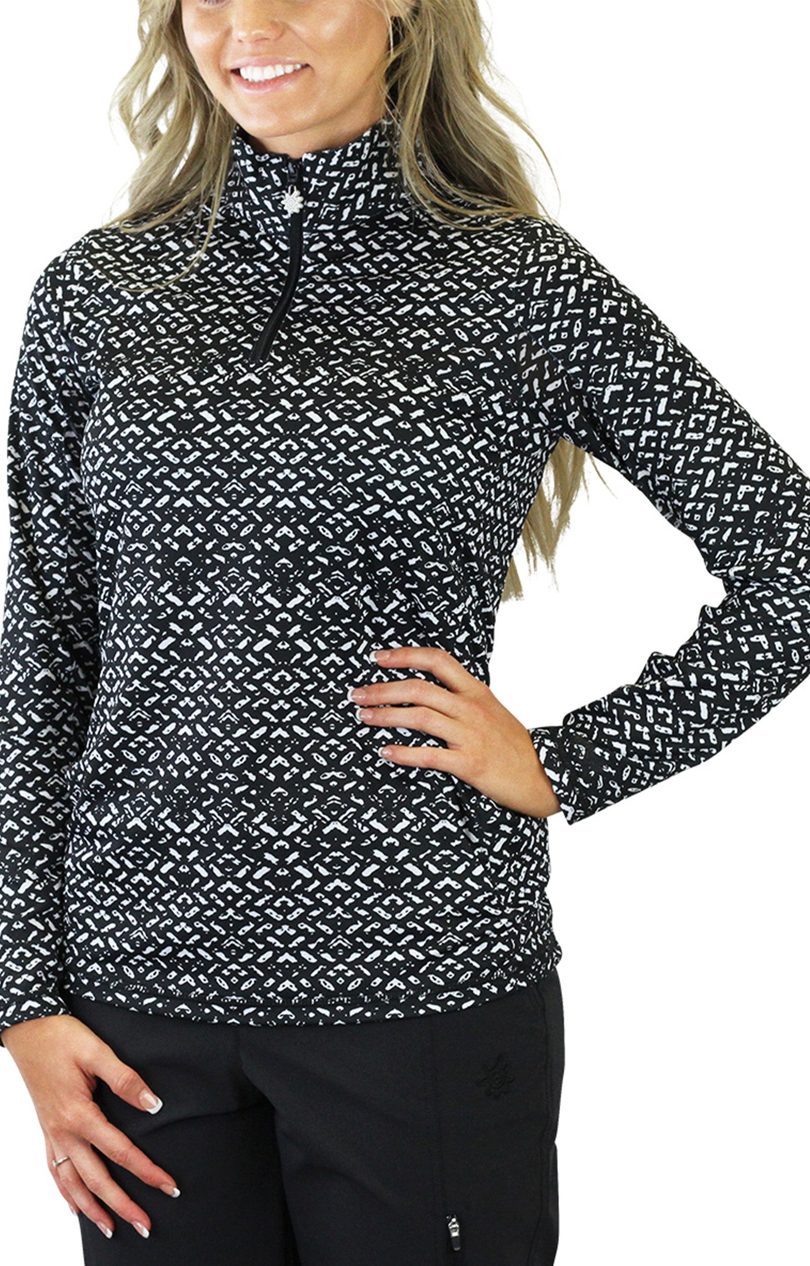 Woman in UV Skinz's Women's Quarter Zip Vented Sun Shirt in Optical Illusion|optical-illusion