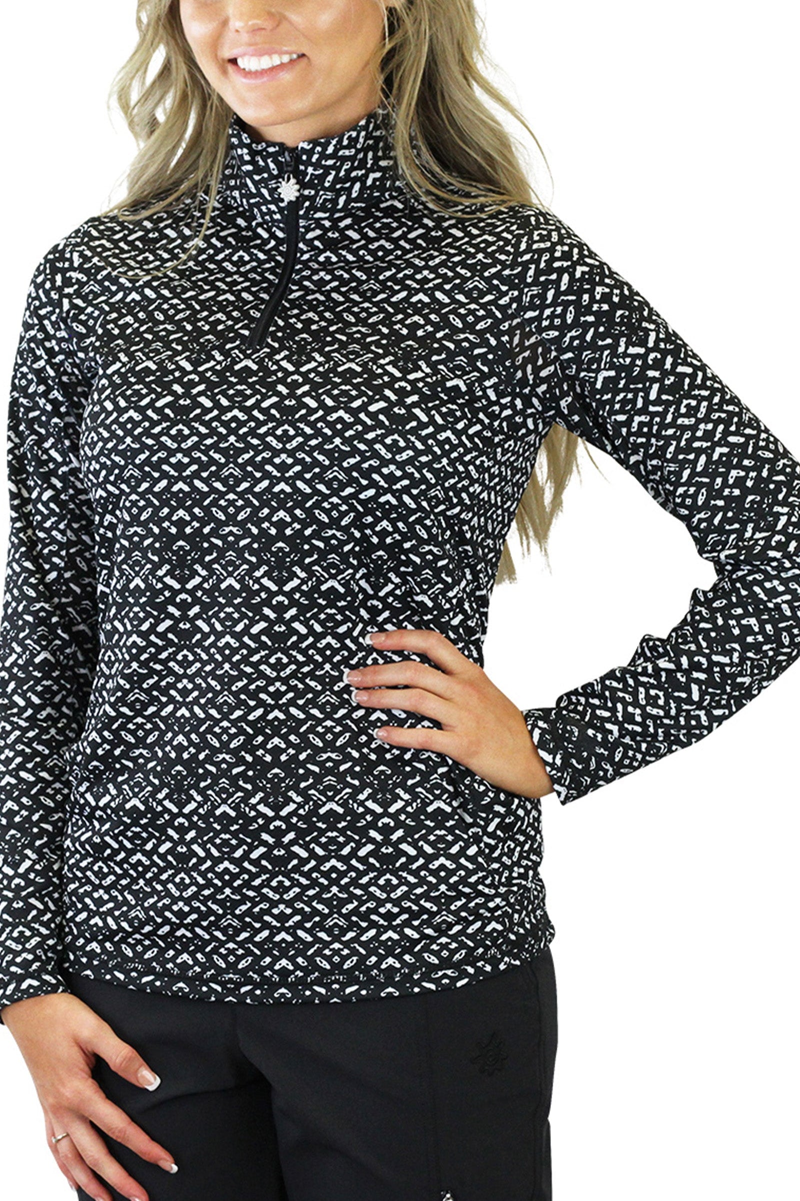 Woman in UV Skinz's Women's Quarter Zip Vented Sun Shirt in Optical Illusion|optical-illusion