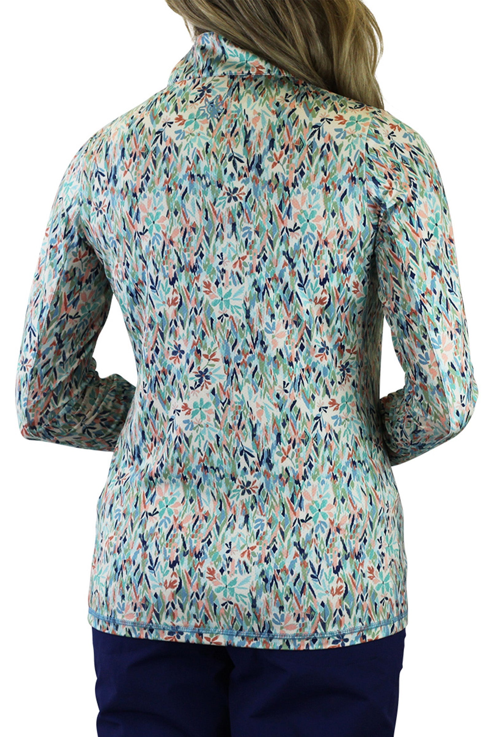 Back of the Women's Quarter Zip Vented Sun Shirt in Painted Eden|painted-eden