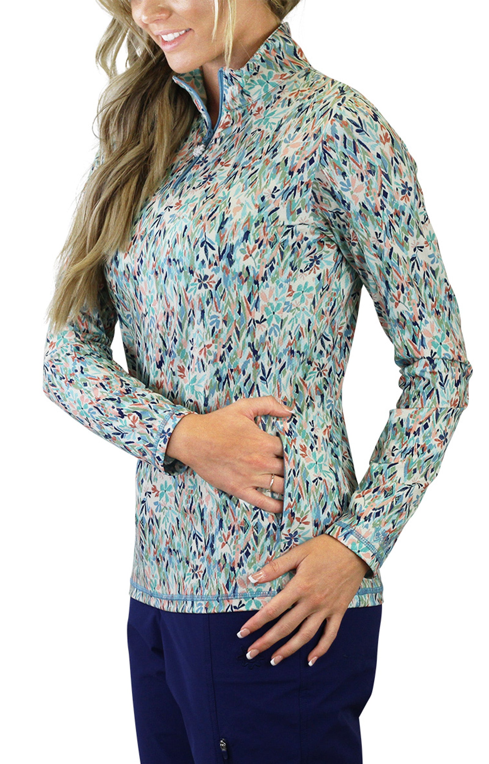 Close Up of the Pocket View on the Women's Quarter Zip Vented Sun Shirt in Painted Eden|painted-eden