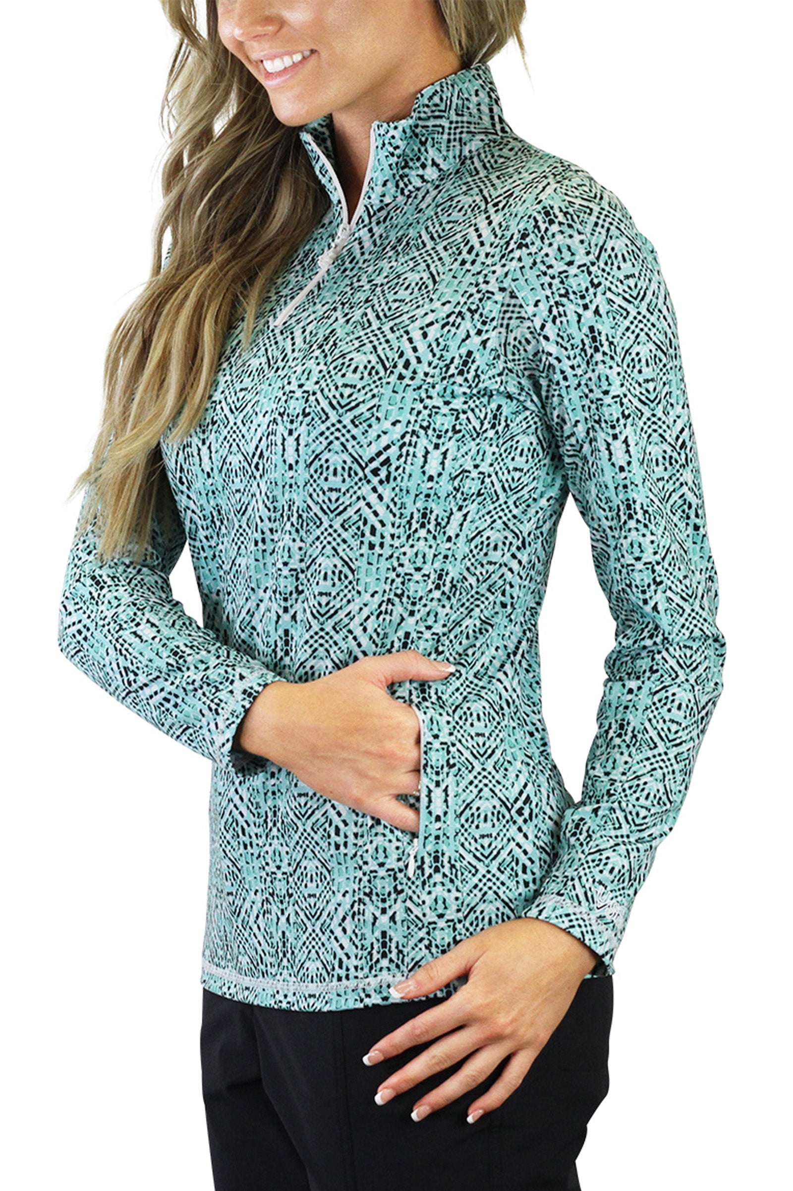 Woman in UV Skinz's Women's Quarter Zip Vented Sun Shirt in Shasta Mosaic|shasta-mosaic