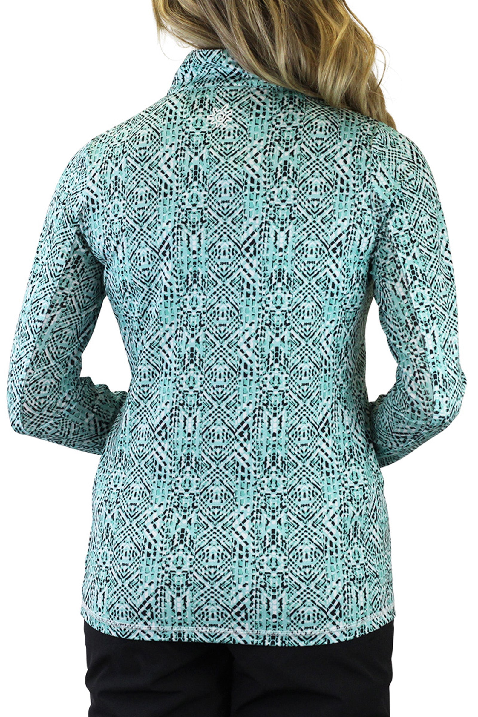 Woman in UV Skinz's Women's Quarter Zip Vented Sun Shirt in Shasta Mosaic|shasta-mosaic