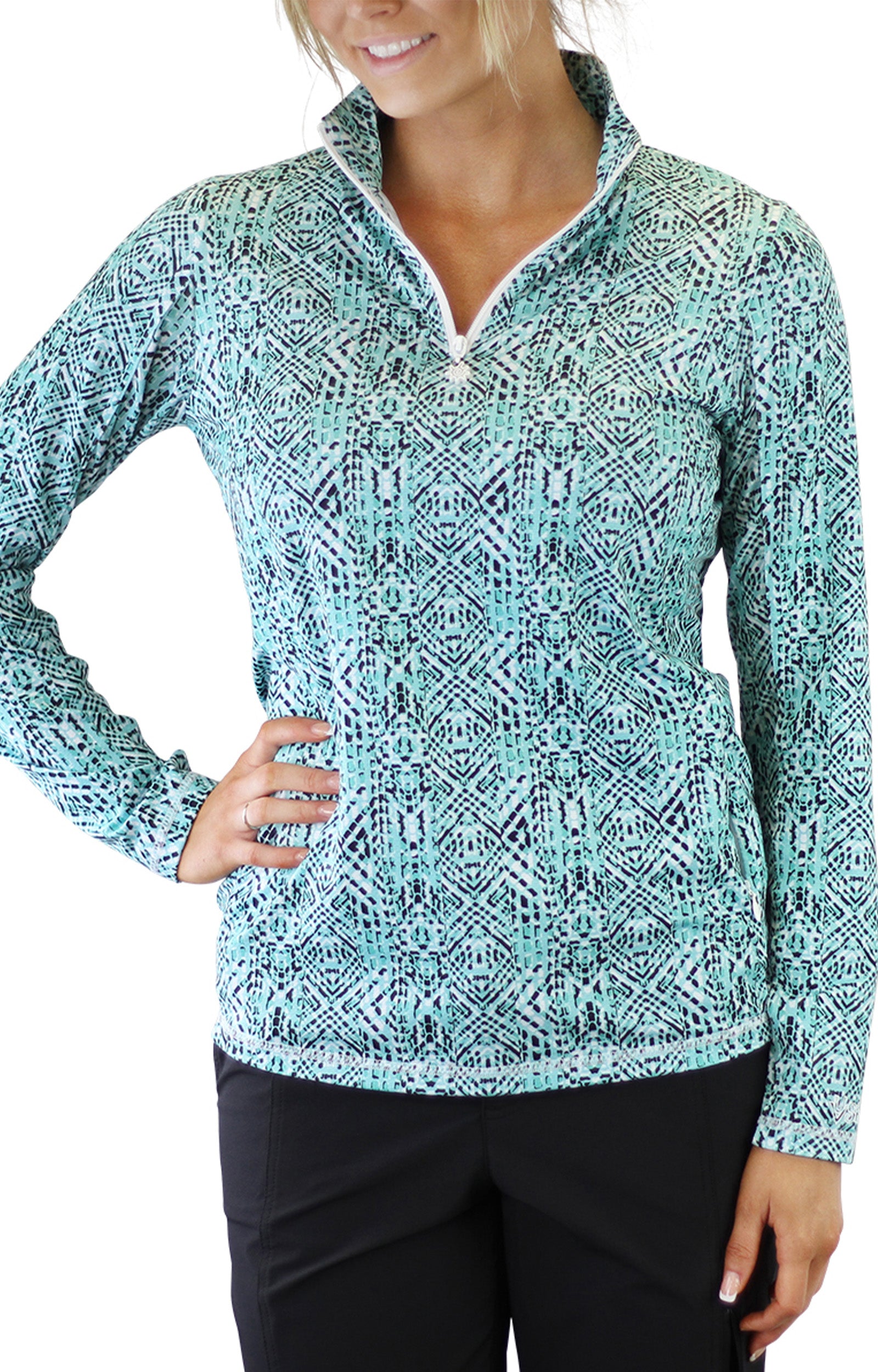 Woman in UV Skinz's Women's Quarter Zip Vented Sun Shirt in Shasta Mosaic|shasta-mosaic