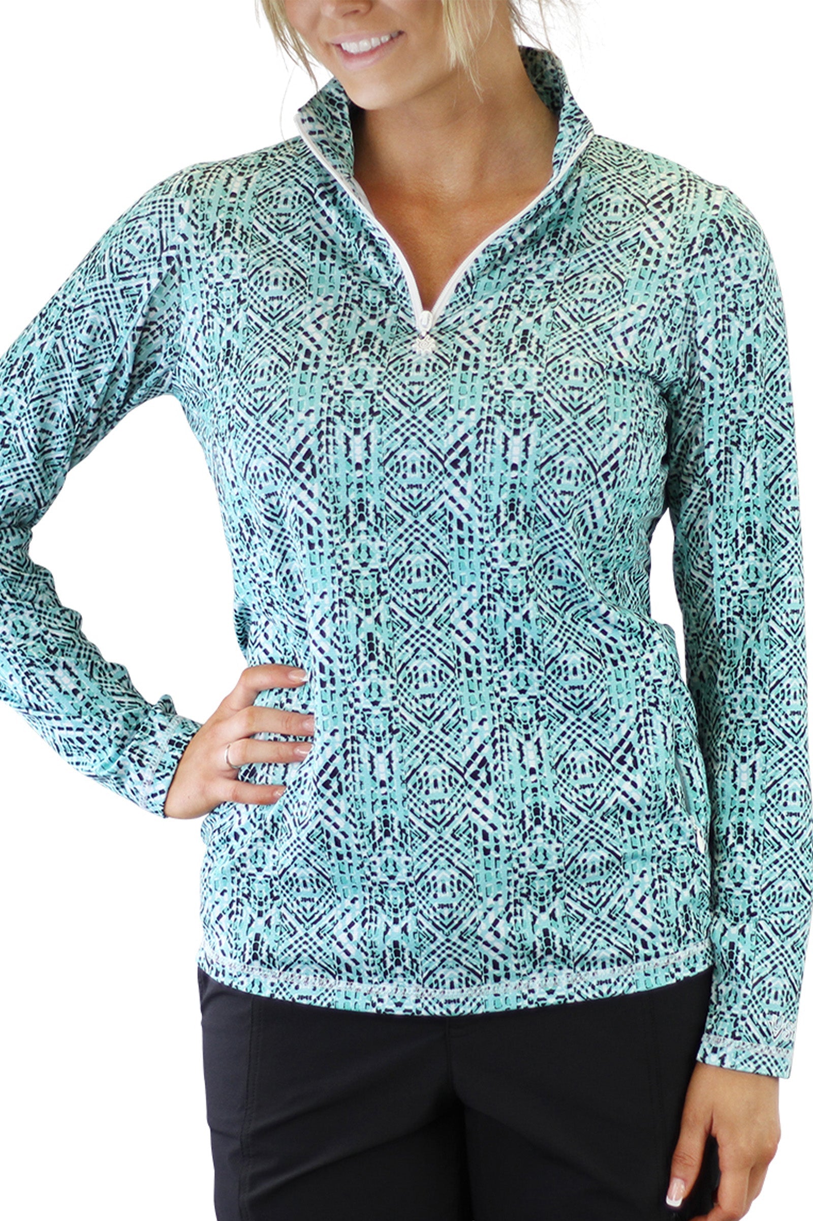 Woman in UV Skinz's Women's Quarter Zip Vented Sun Shirt in Shasta Mosaic|shasta-mosaic