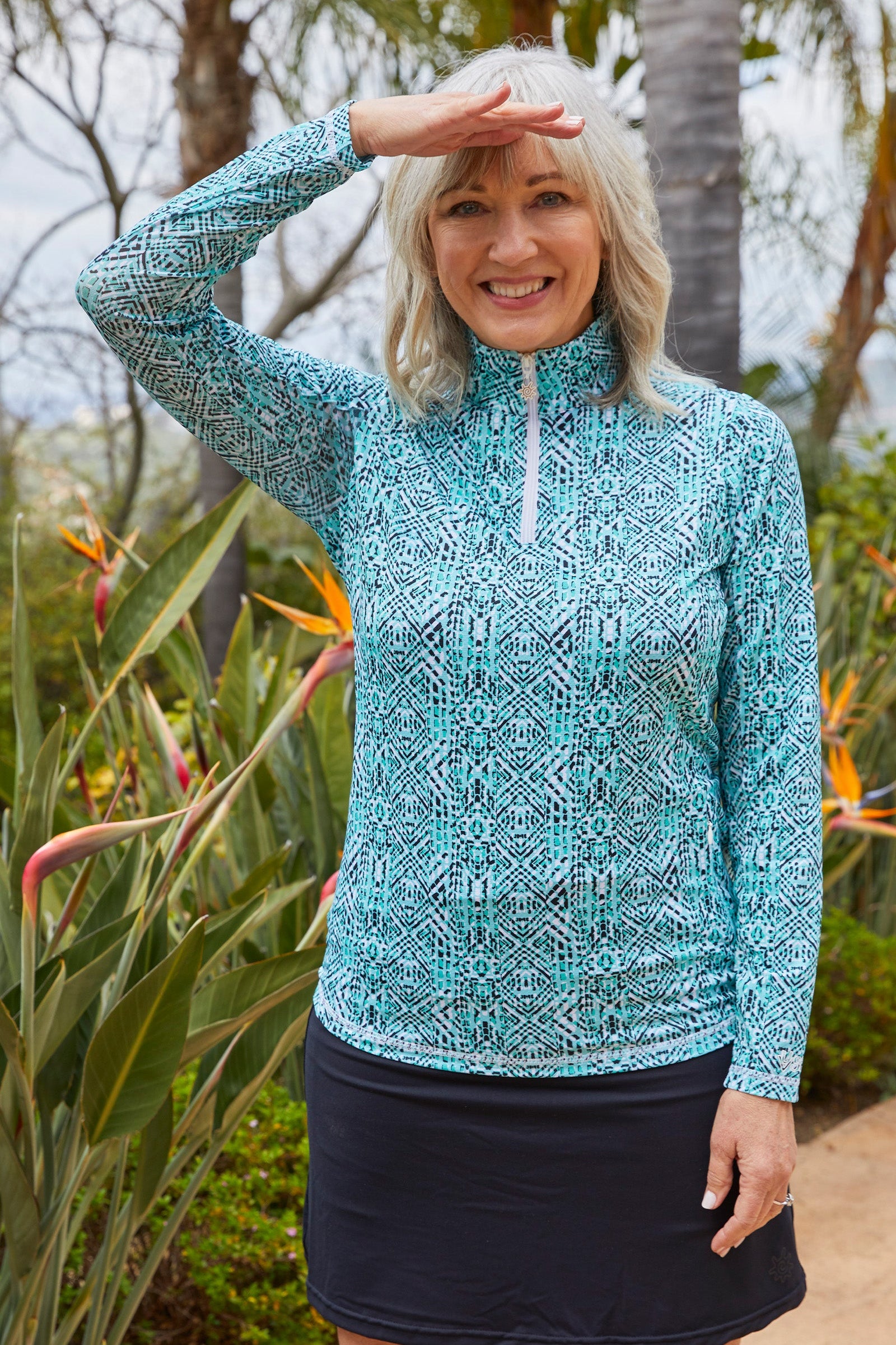 Mom Wearing the Women's Quarter Zip Vented Sun Shirt in Shasta Mosaic|shasta-mosaic