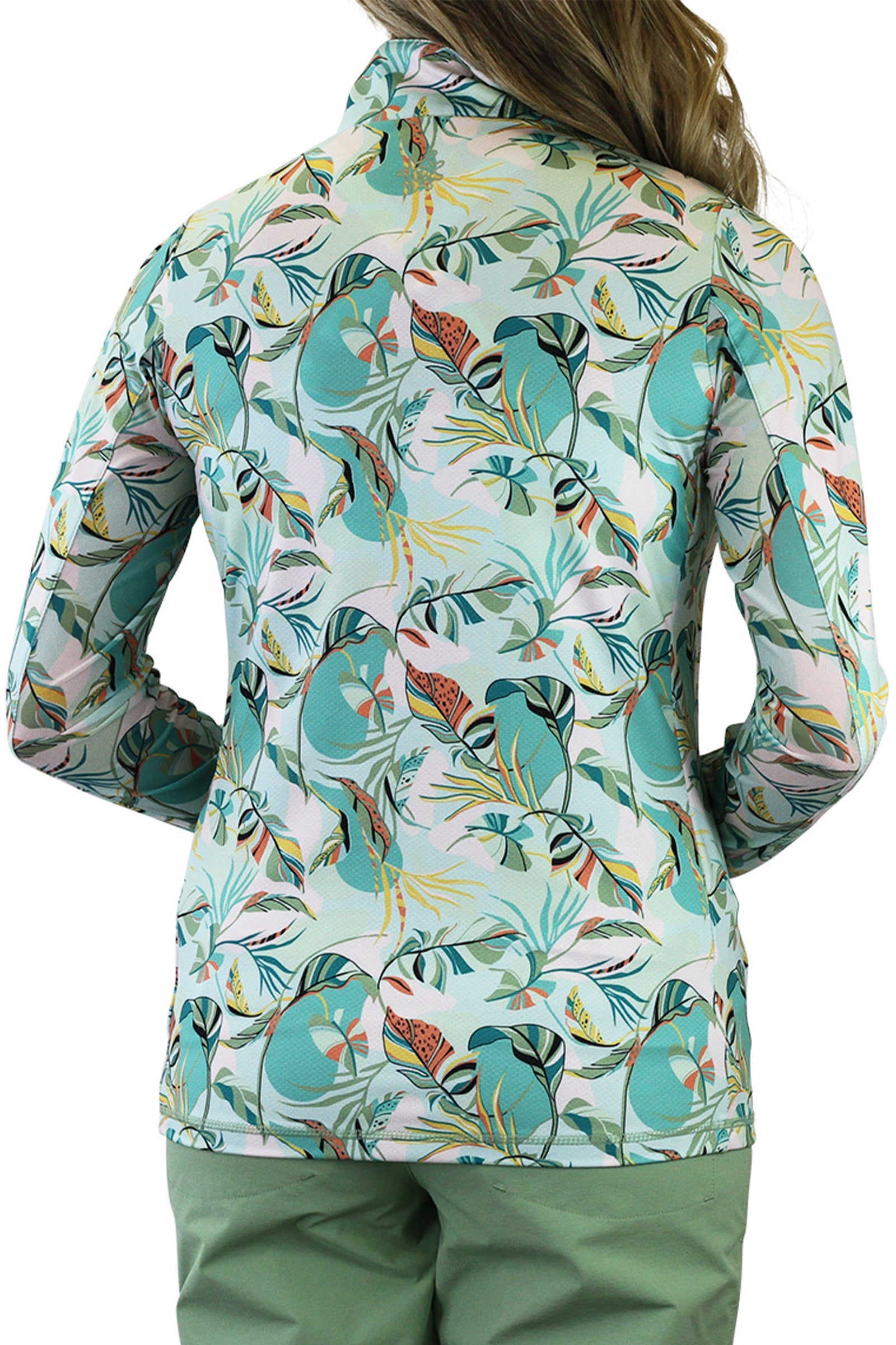 Back of the Women's Quarter Zip Vented Sun Shirt in Stella Breeze|stella-breeze