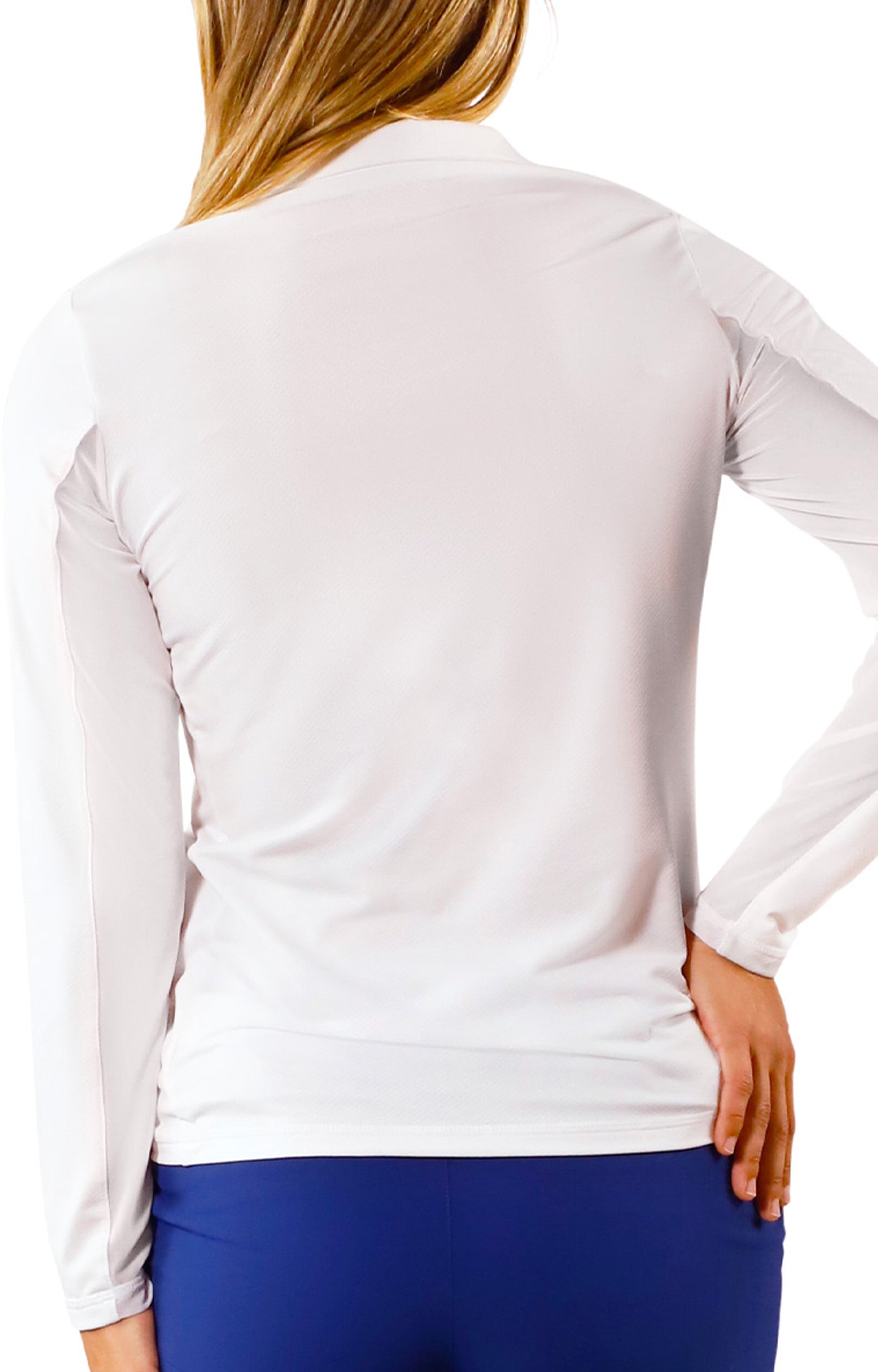 back view of womens long sleeve quarter zip vented sun shirt in white|white