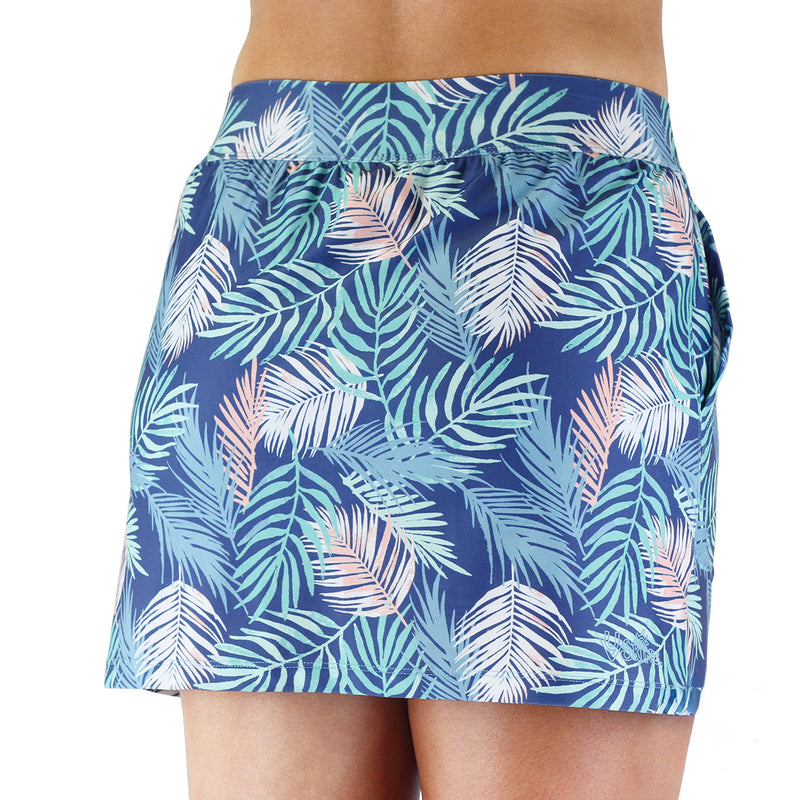 back of the women's active swim skirt in koa leaves|koa-leaves