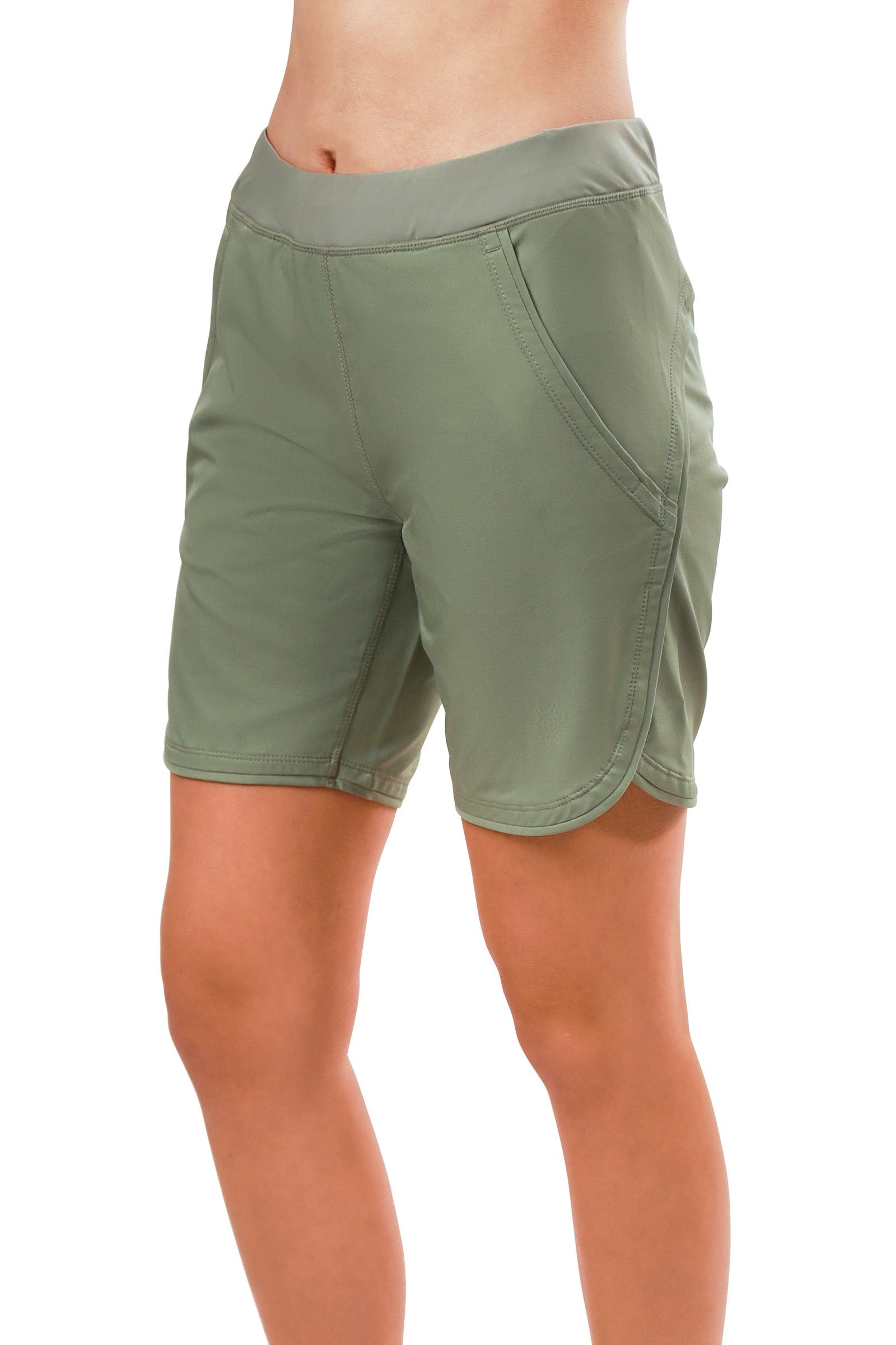 side view of womens hybrid active shorts in lily pad|lily-pad