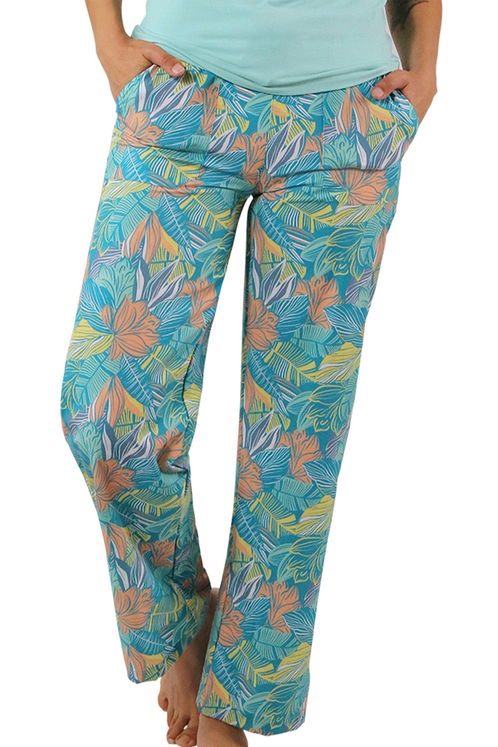 Women's Travel Pants in Caribbean Tropics Front View|caribbean-tropics