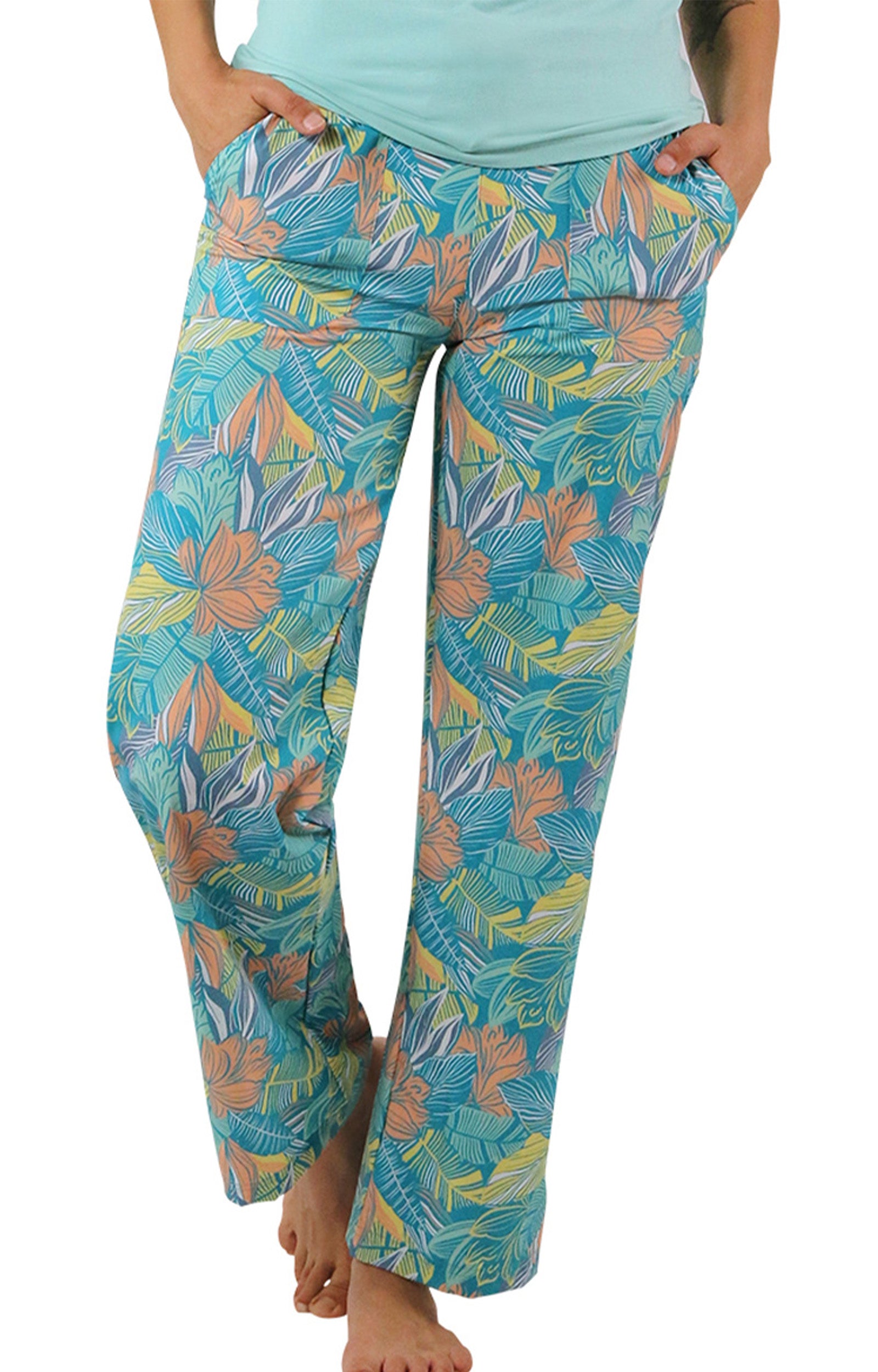 Women's Travel Pants in Caribbean Tropics Front View|caribbean-tropics