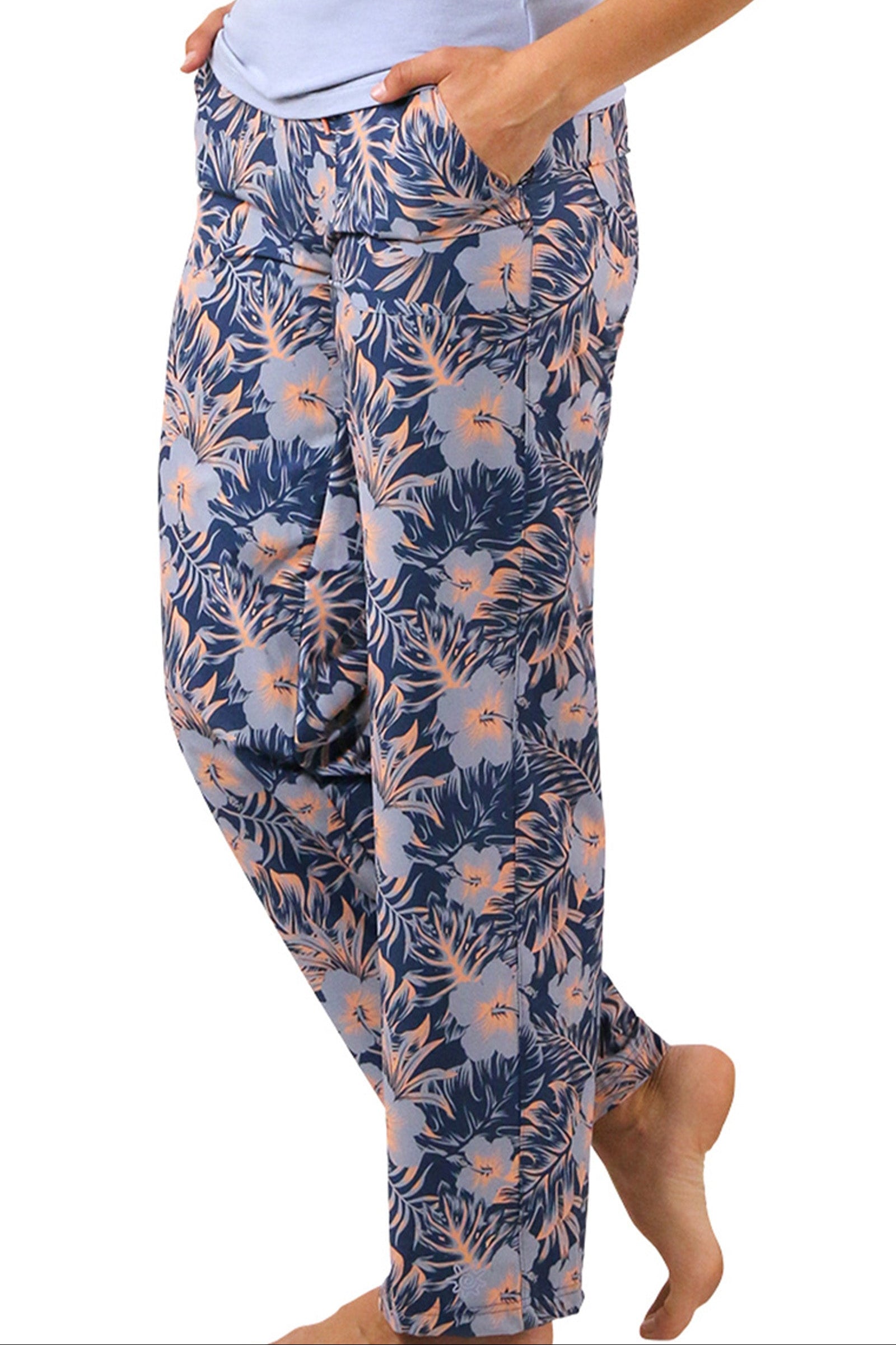 Women's Travel Pants in Washed Navy Paradise Front View|washed-navy-paradise
