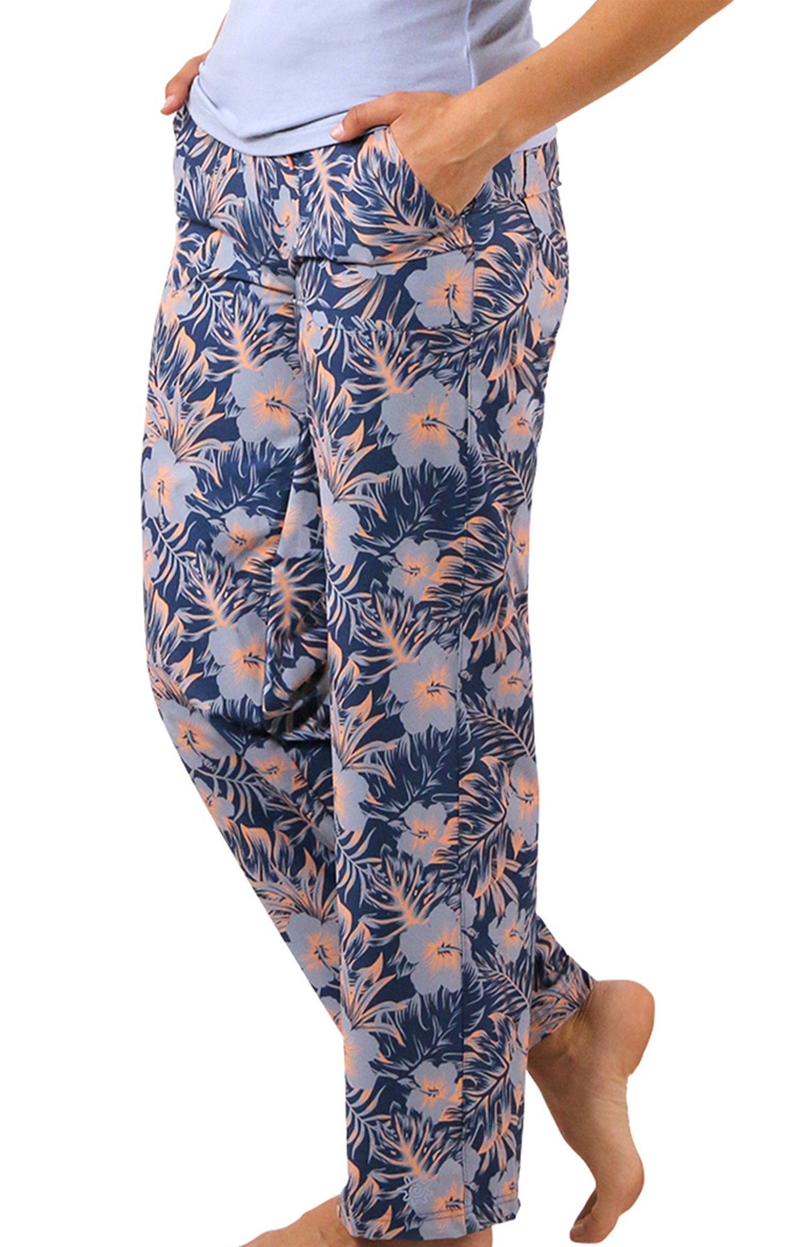 Women's Travel Pants in Washed Navy Paradise Front View|washed-navy-paradise