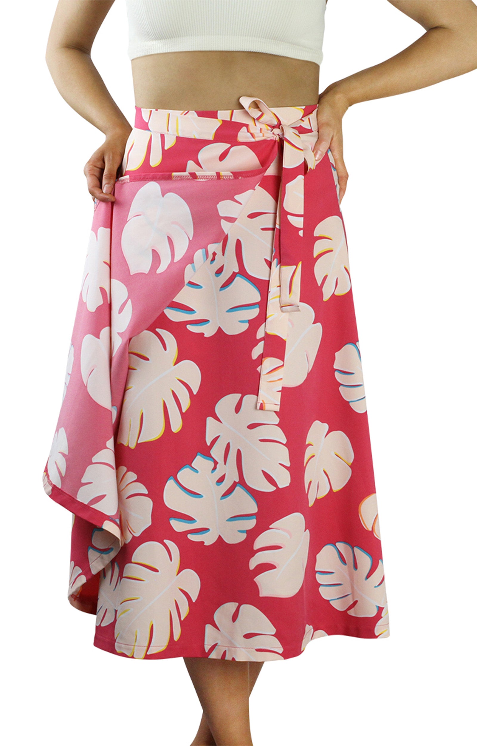 Front View of the Women's Wrap Skirt in Berry Flora|berry-flora