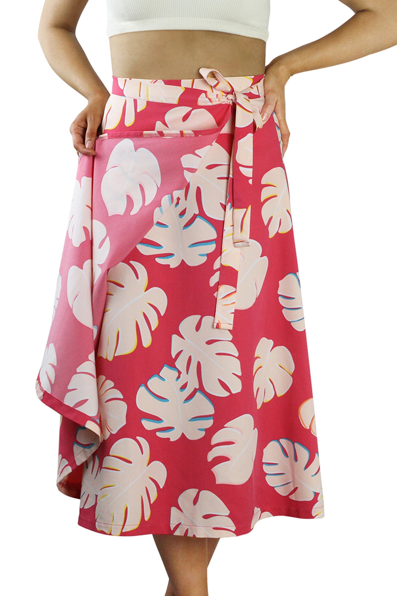 Front View of the Women's Wrap Skirt in Berry Flora|berry-flora