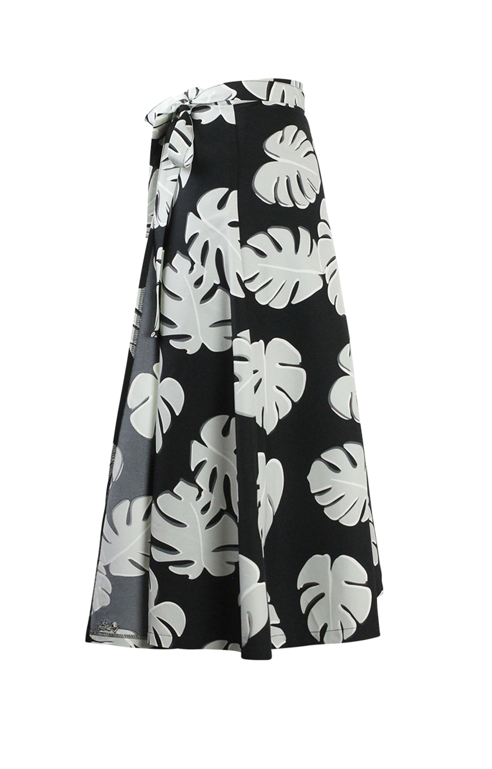 Side View of the Women's Wrap Skirt in Black Flora|black-flora