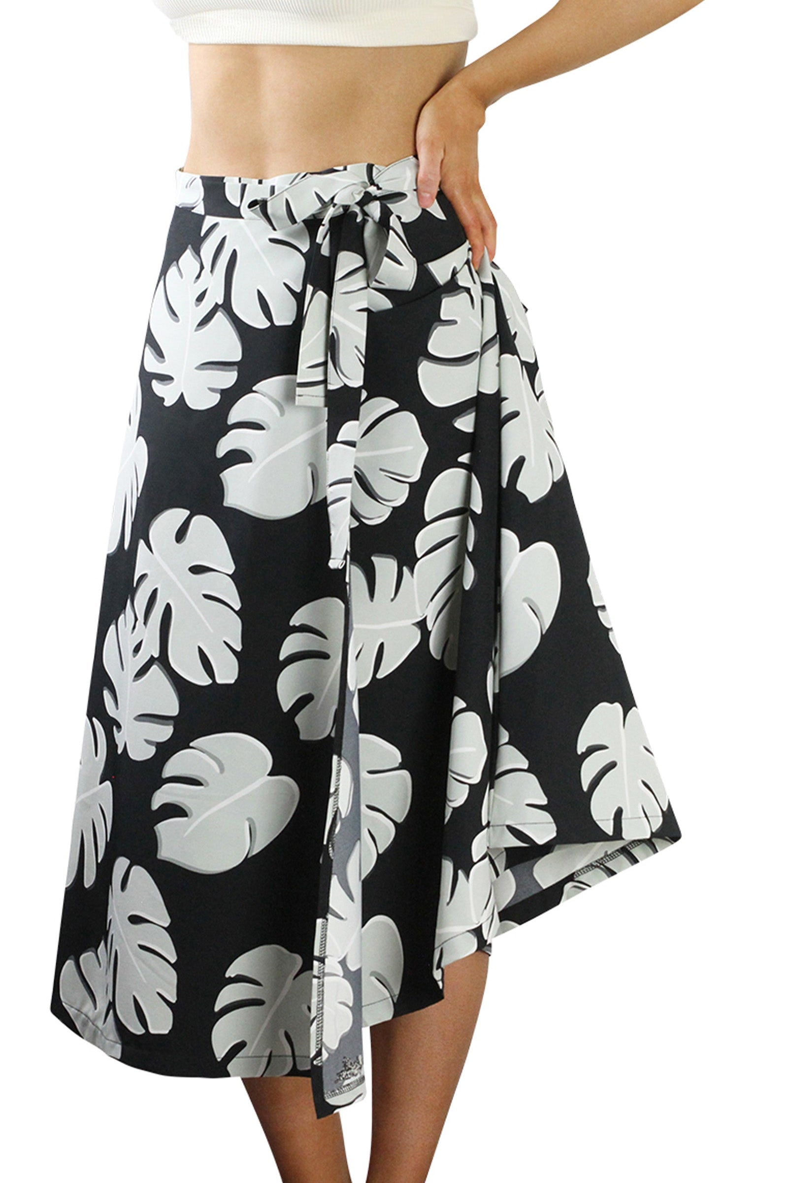Woman Wearing the Women's Wrap Skirt in Black Flora|black-flora