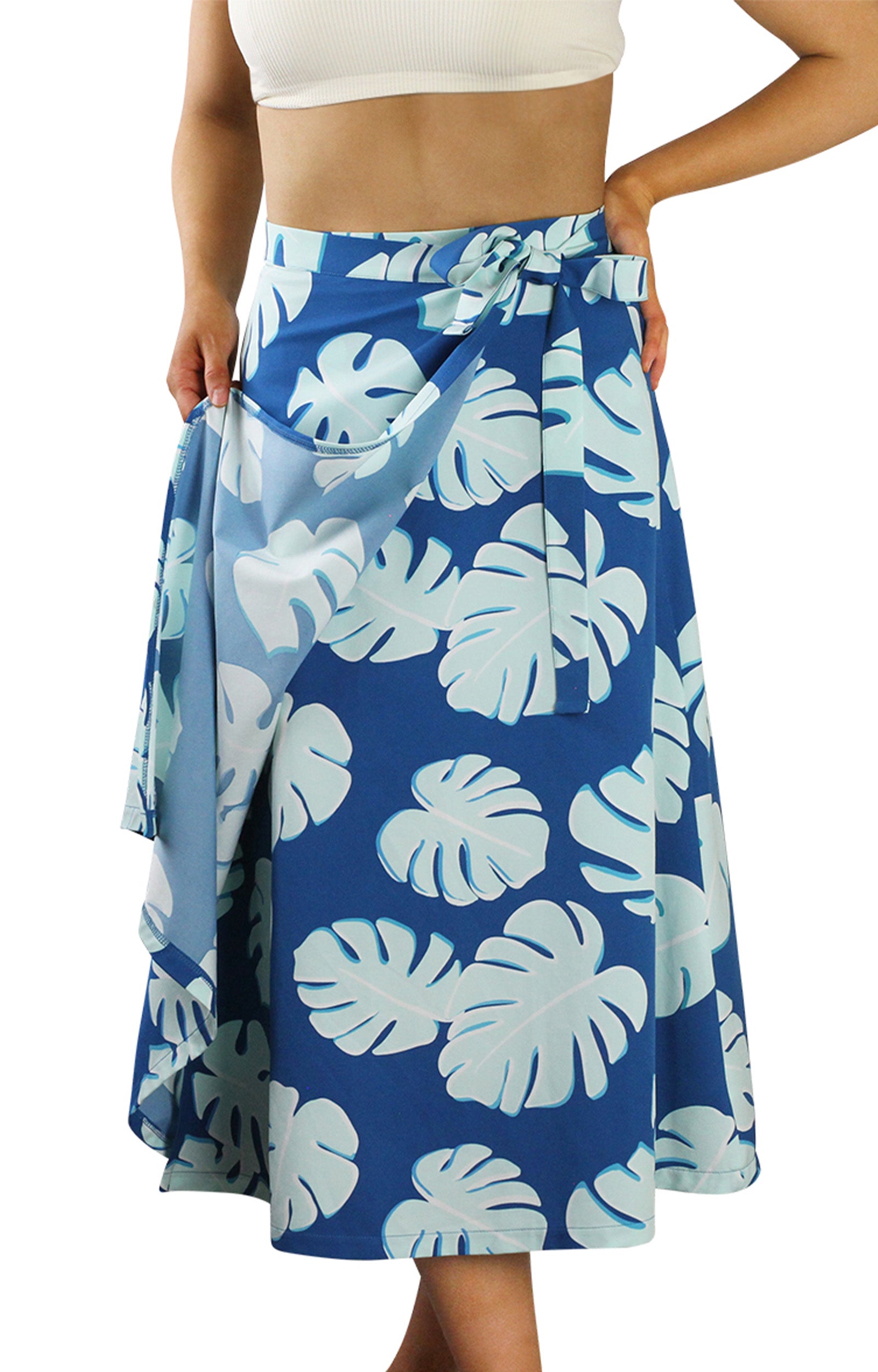 Front View of the Women's Wrap Skirt in Mykonos Flora|mykonos-flora