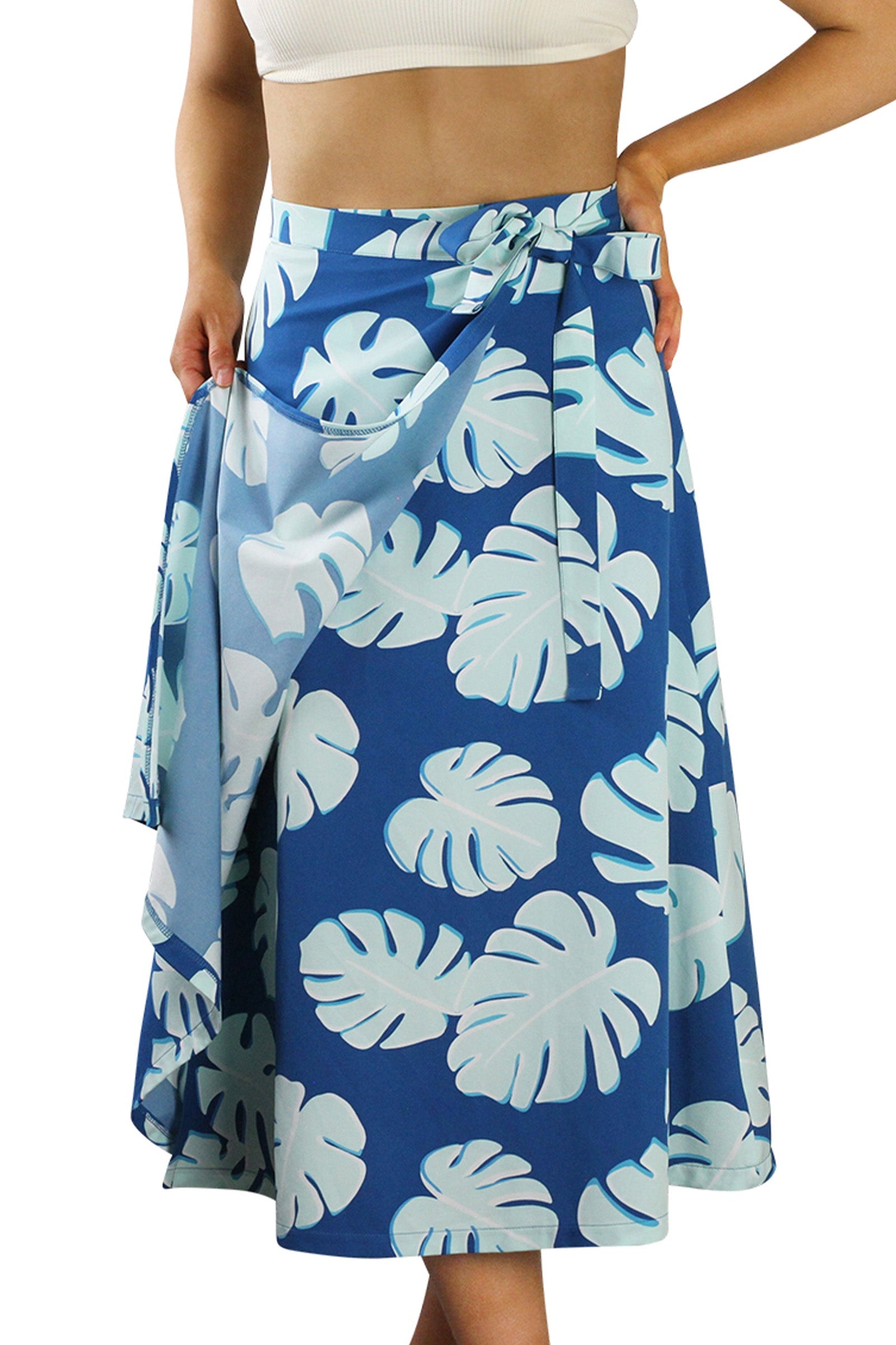 Front View of the Women's Wrap Skirt in Mykonos Flora|mykonos-flora