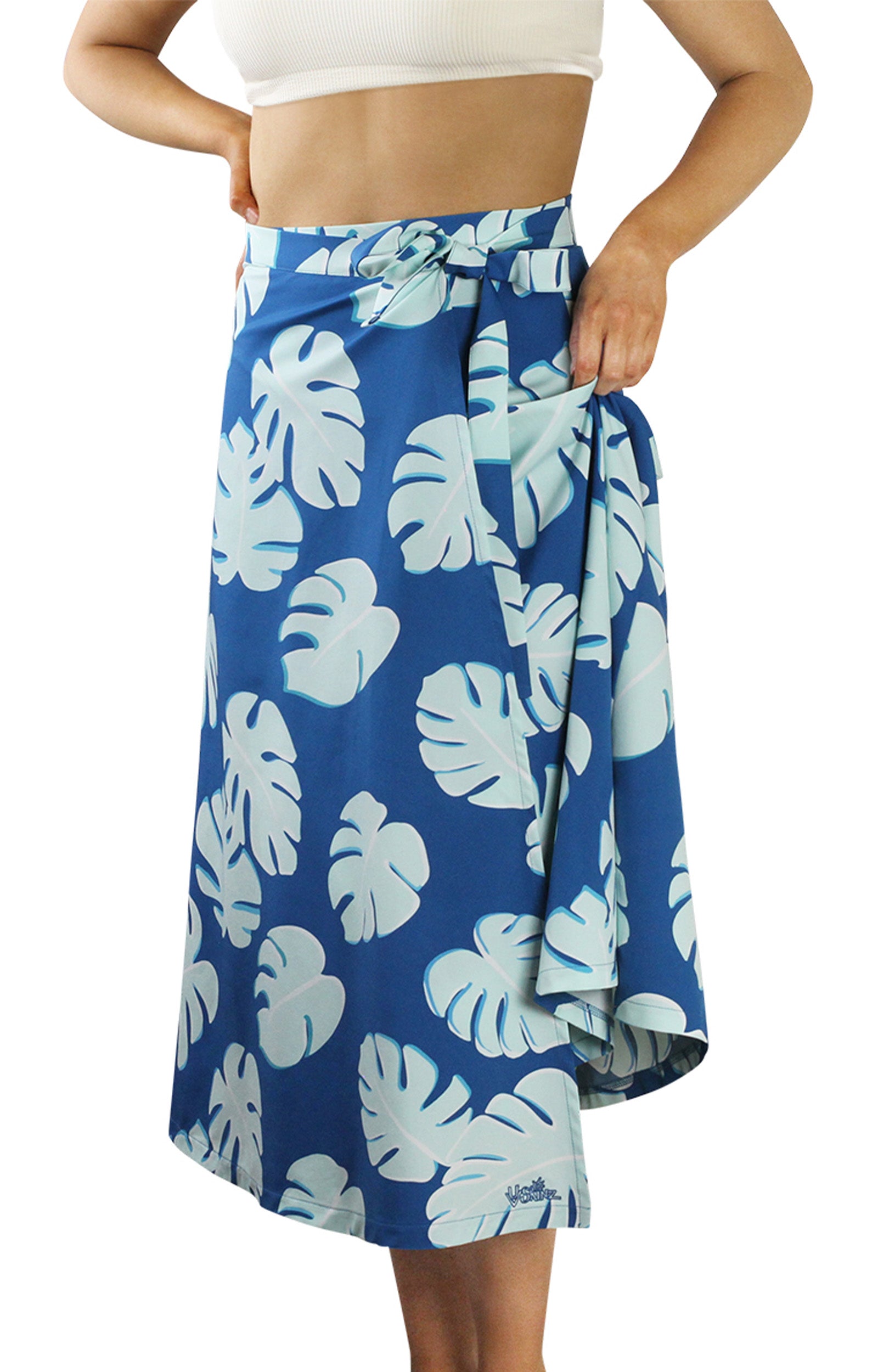 Close Up View of the Women's Wrap Skirt in Mykonos Flora|mykonos-flora