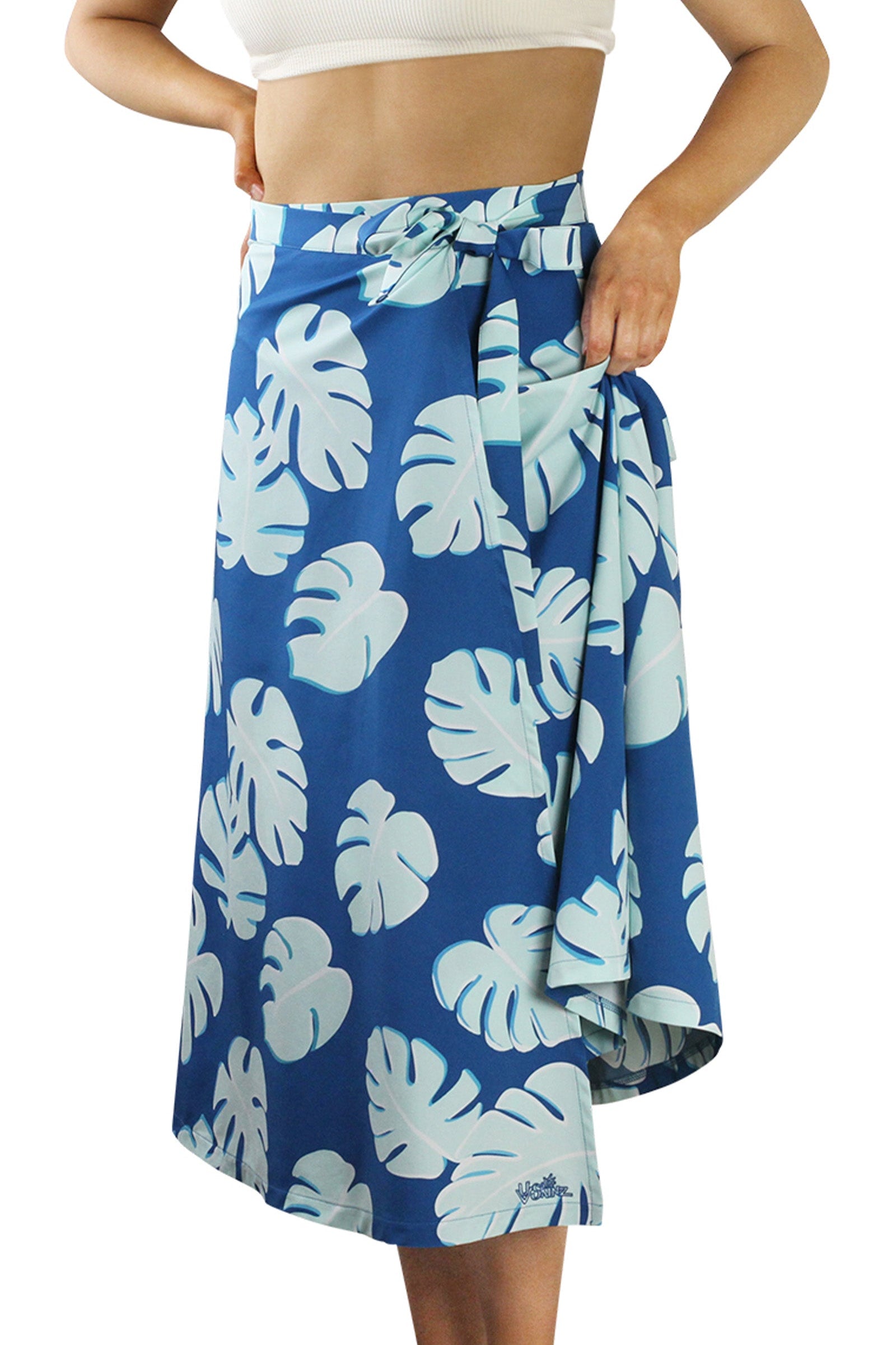 Close Up View of the Women's Wrap Skirt in Mykonos Flora|mykonos-flora