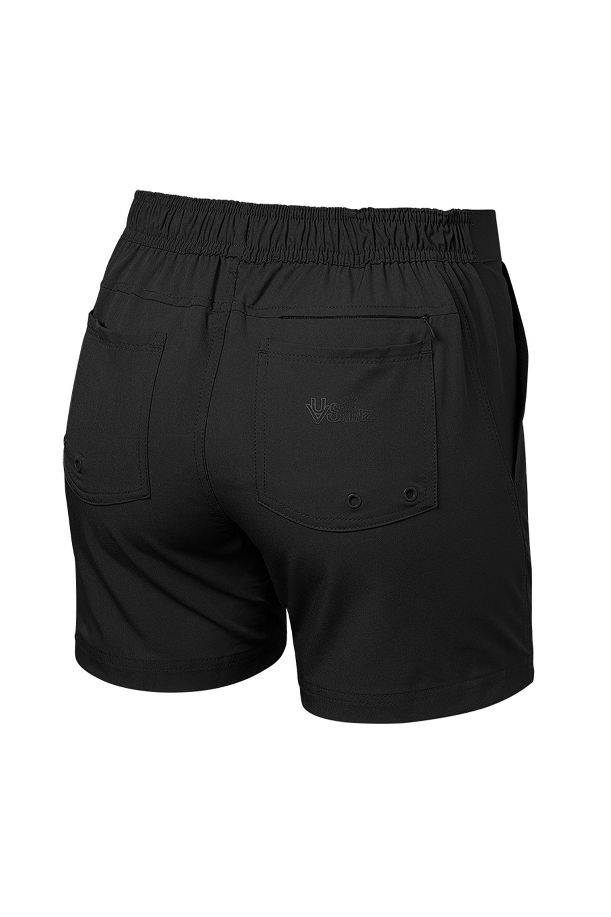 back of the women's island board shorts in black|black