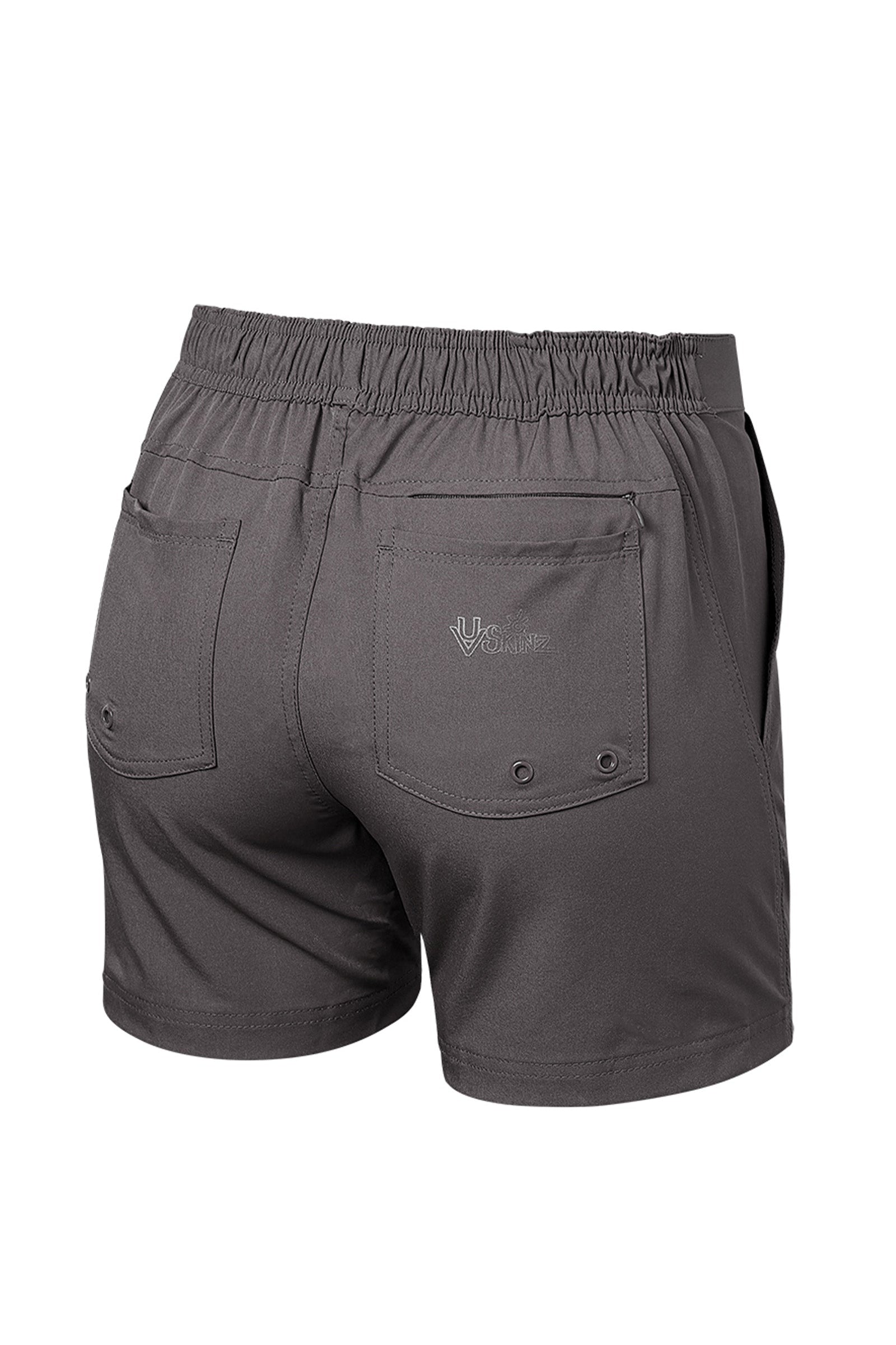 back of the women's island board shorts in charcoal|charcoal