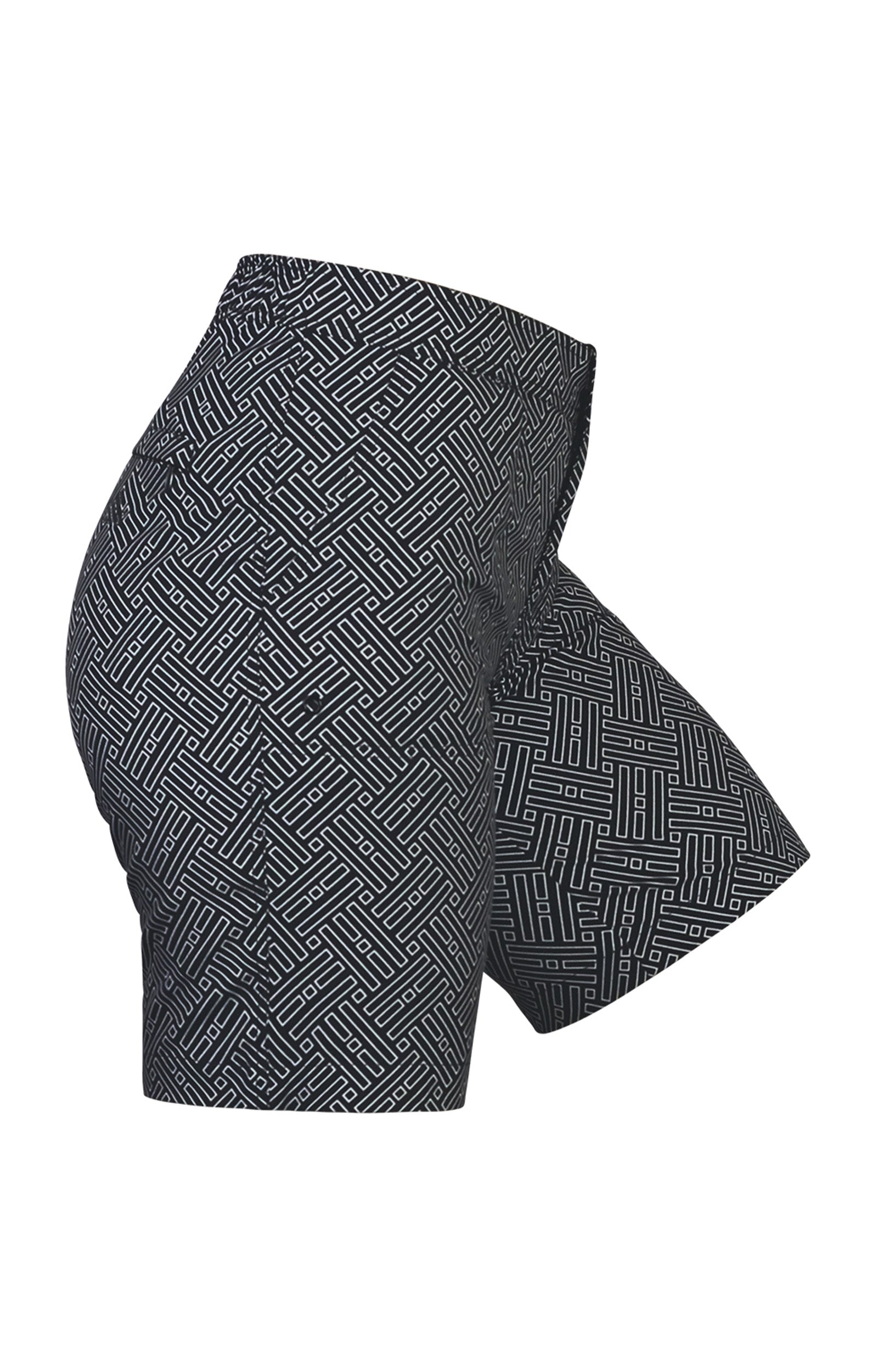 Side View of the Women's Board Shorts in Black Maze|black-maze