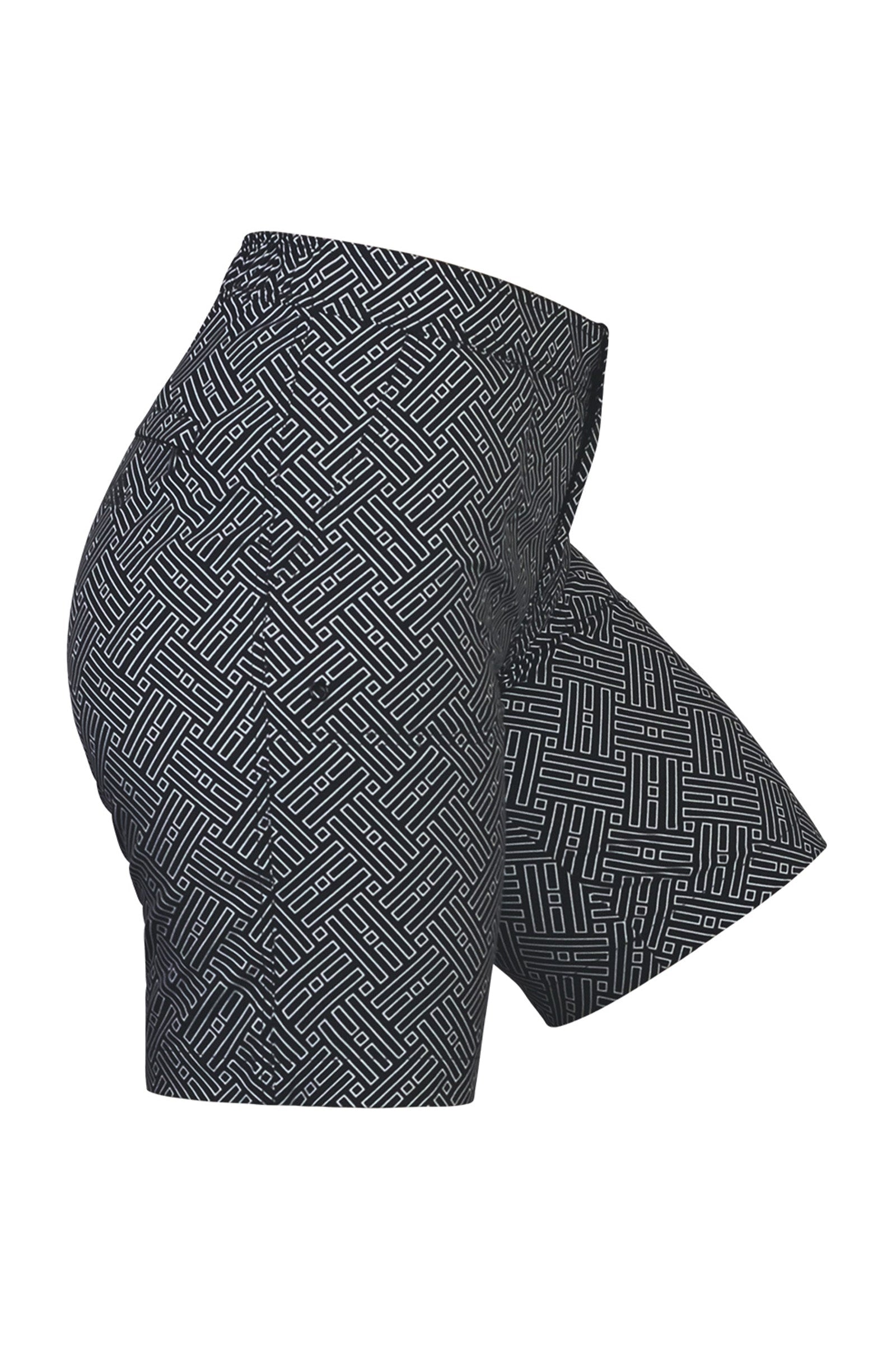 Side View of the Women's Board Shorts in Black Maze|black-maze