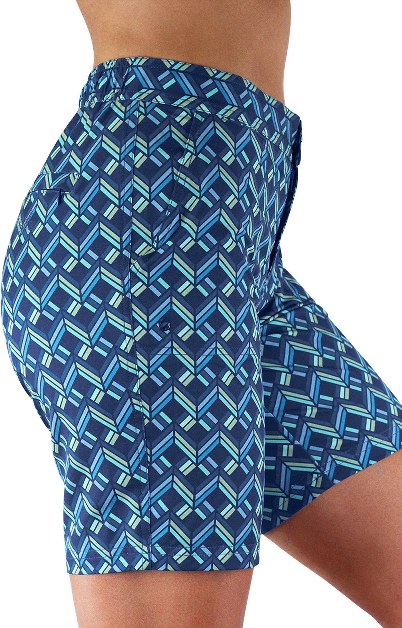 Side View of the Women's Board Shorts in Chevron Weave|chevron-weave