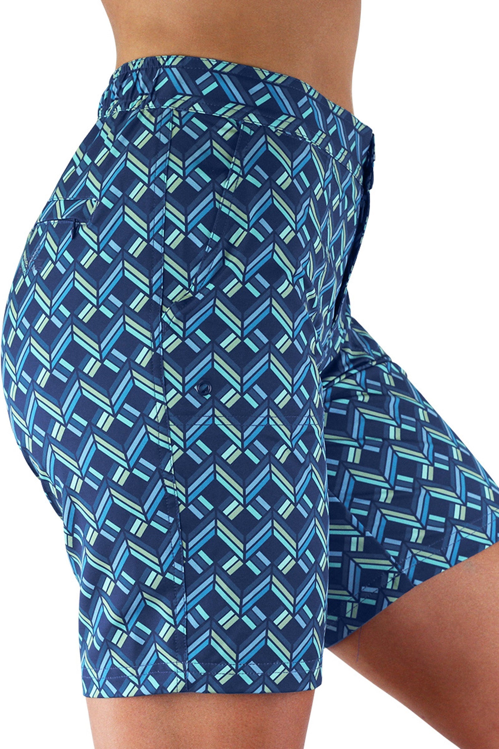 Side View of the Women's Board Shorts in Chevron Weave|chevron-weave